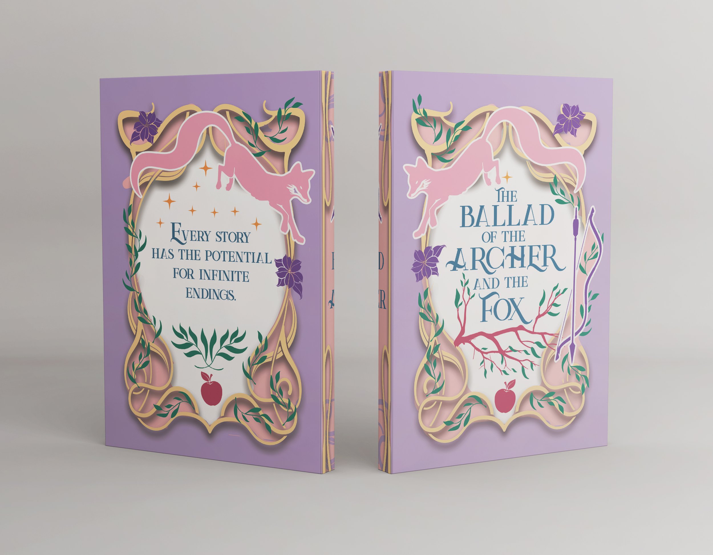 Two purple books with decorative gold and pink frame, pink fox and archer illustration, and quotes about stories and endings.