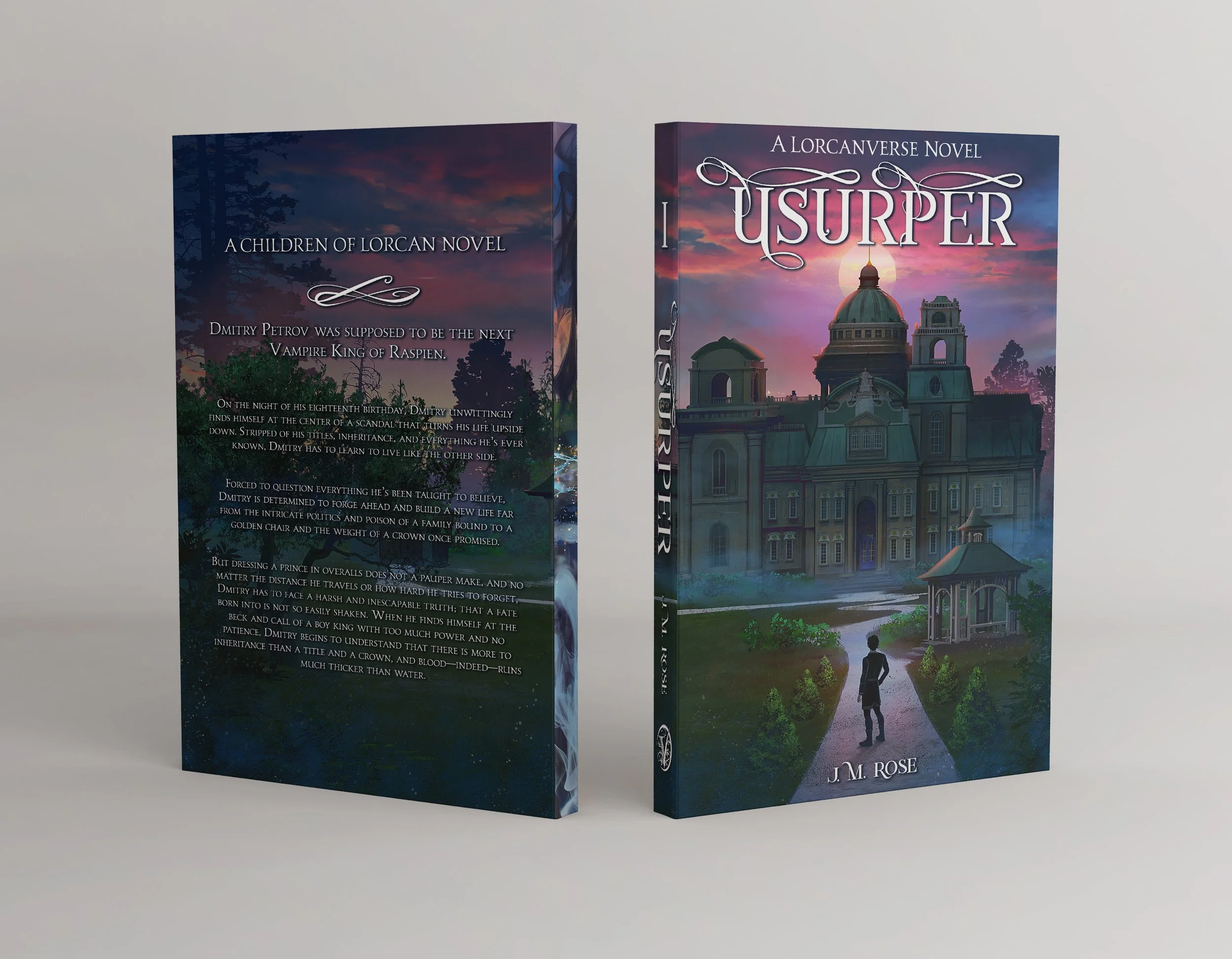Two books standing upright with colorful fantasy-style covers, a large mansion in the background under a sunset sky, and a figure of a boy walking on a path in the front yard.