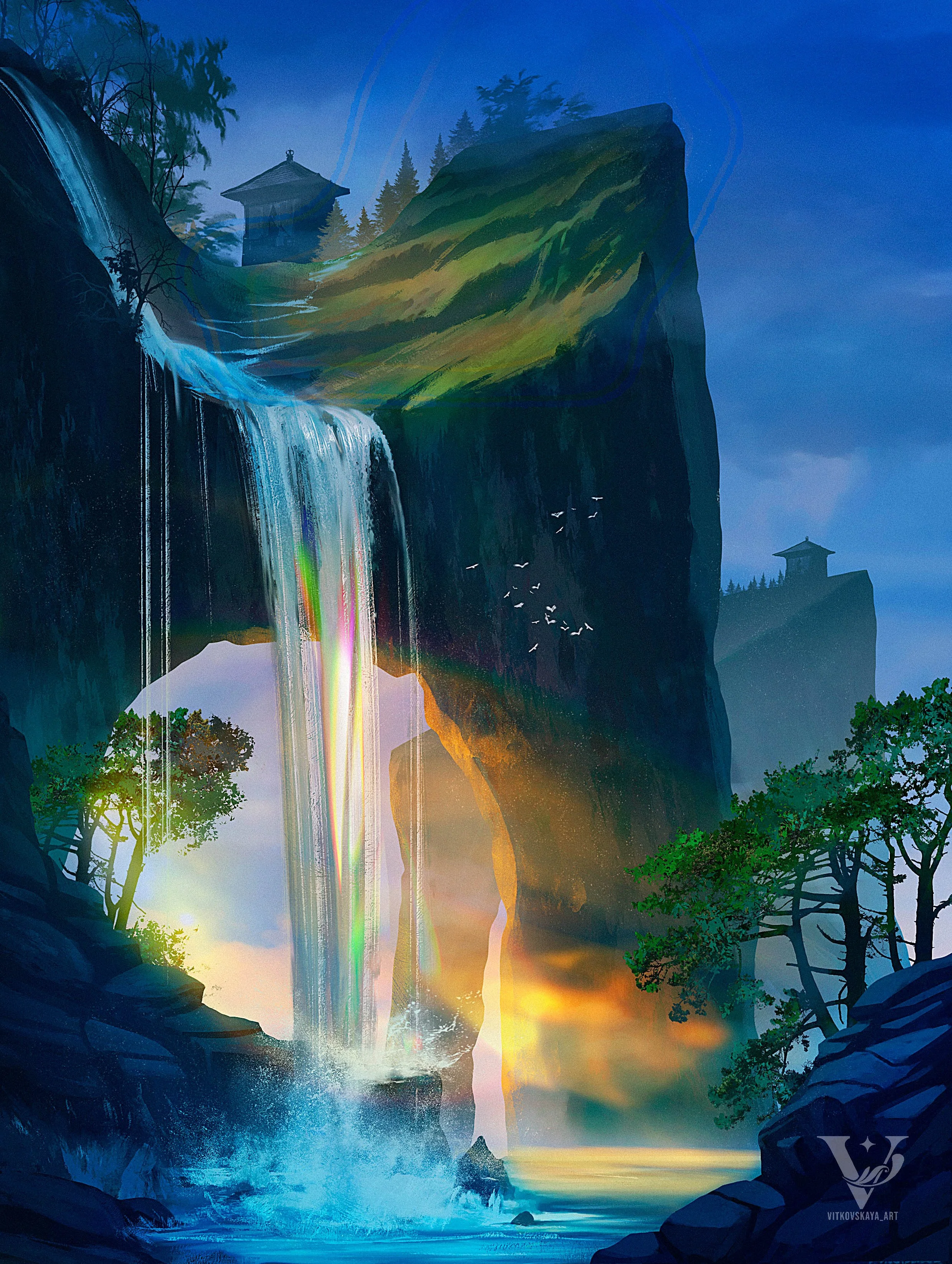 A vibrant fantasy landscape featuring a large waterfall cascading from a mountain cliff into a river below, with rainbow reflections in the mist. In the background, green grassy hills and a traditional pagoda-style building atop a hill are visible. The scene is framed by trees and a flock of birds flying in the sky.