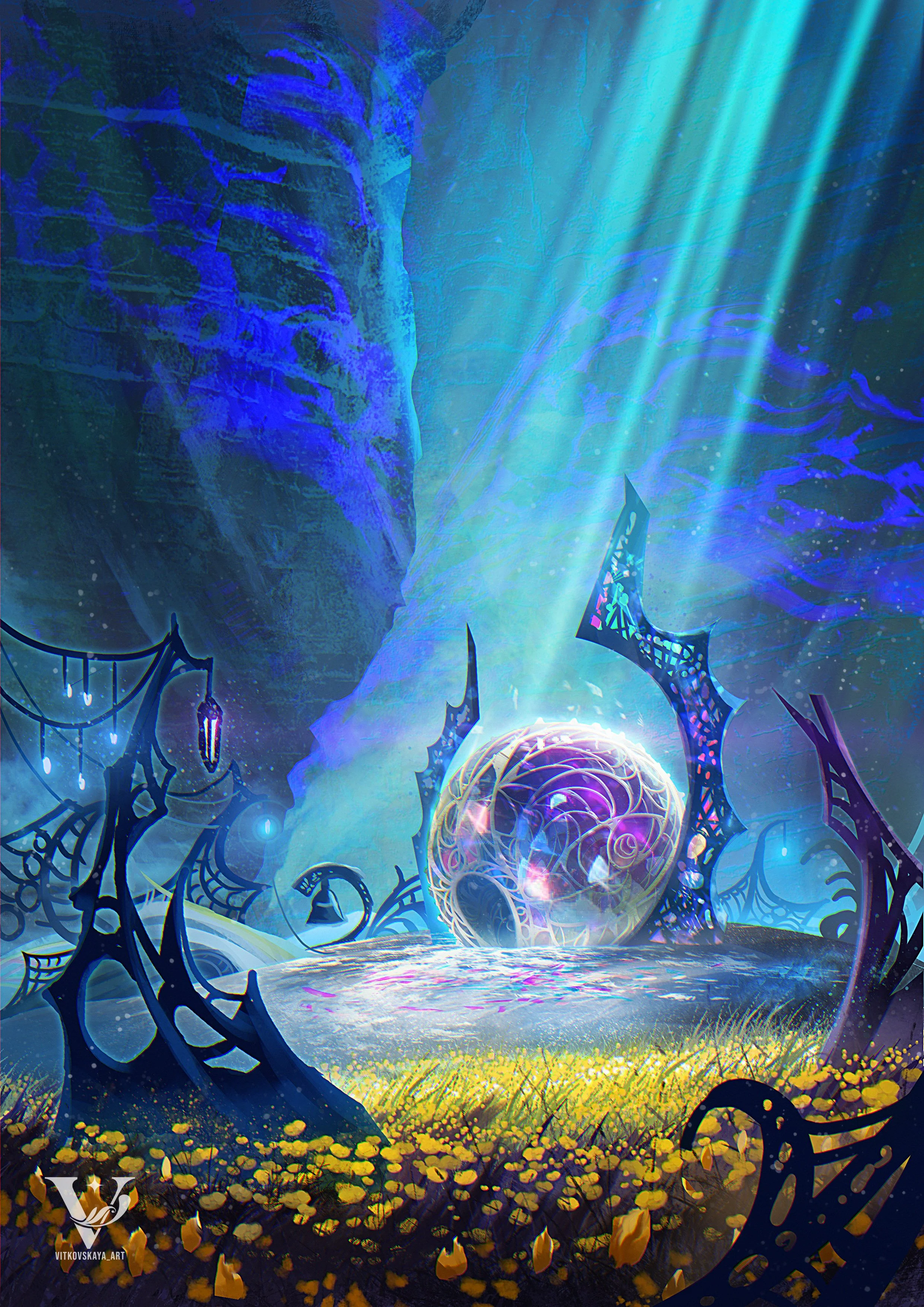 A fantasy scene with glowing orbs, mystical structures, and luminous rays of light in a surreal landscape with vibrant colors.