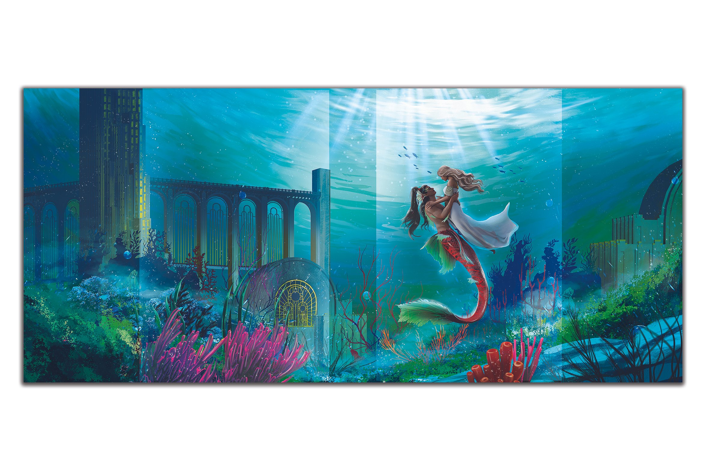 A colorful underwater scene featuring a mermaid and a woman in an embrace, with ruins, coral, seaweed, and sunlight filtering through the water.