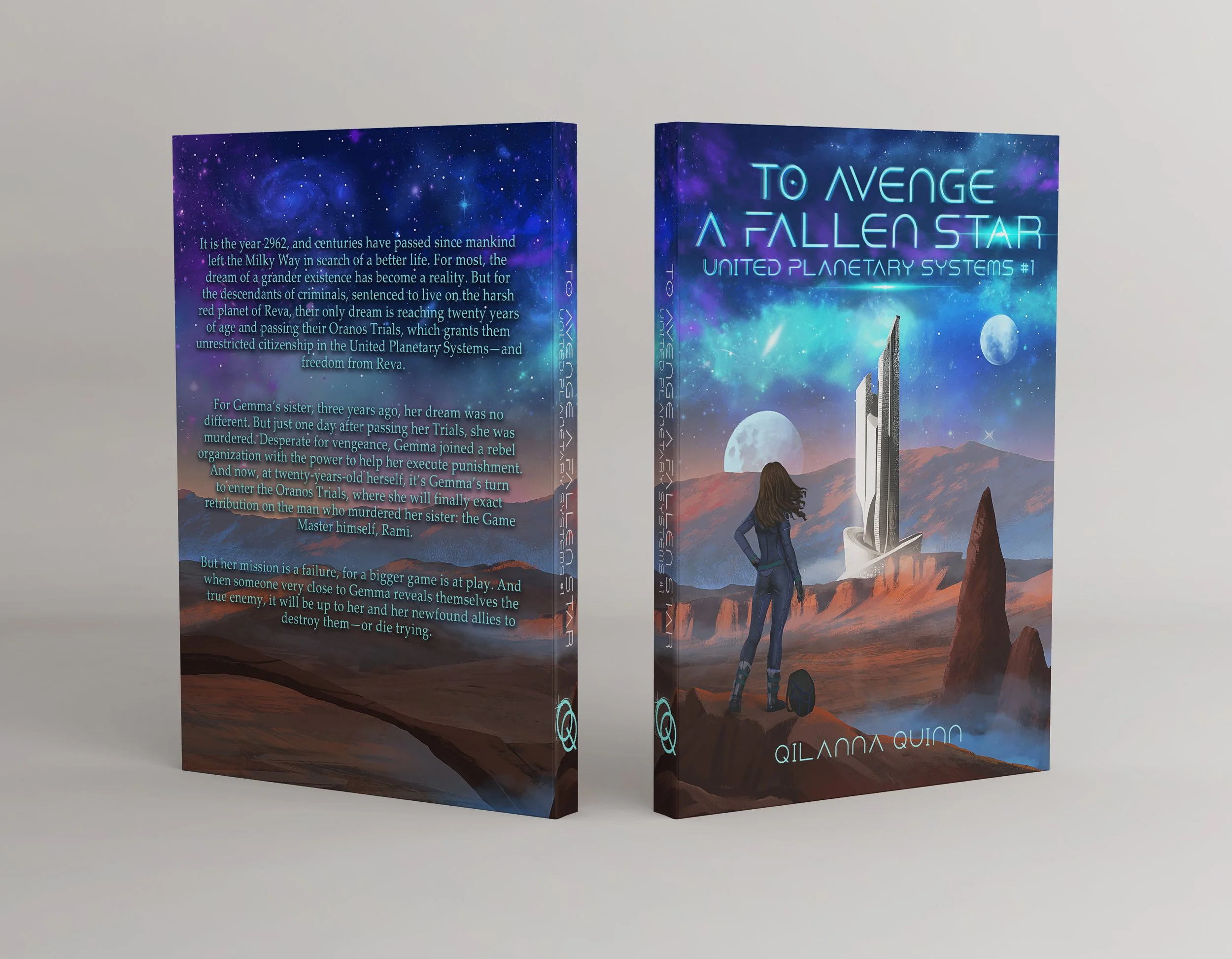 Book cover titled 'To Avenge A Fallen Star' by Gilanna Quin, featuring a woman standing on rocky terrain gazing at a futuristic skyscraper against a cosmic backdrop with planets and stars.