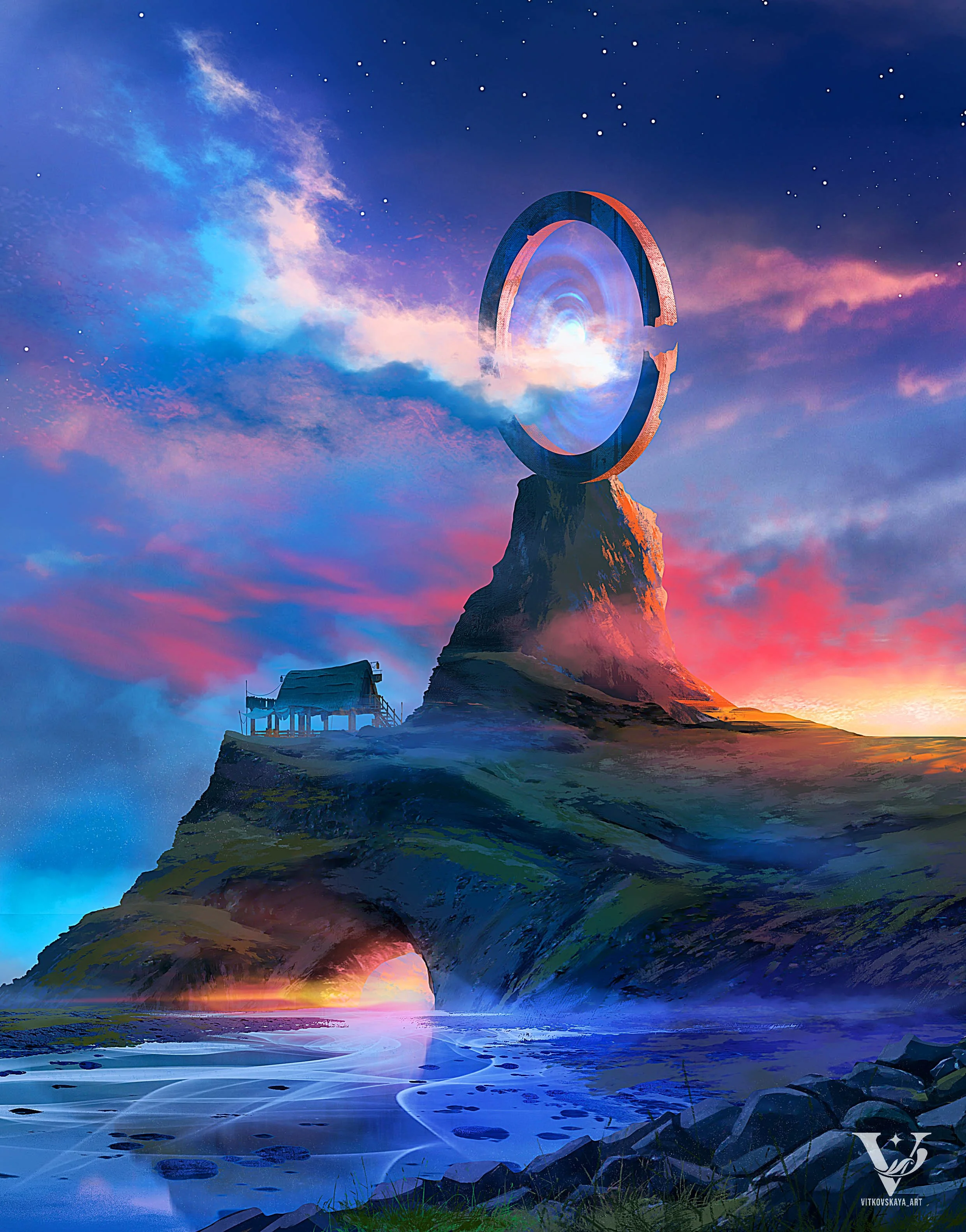 A colorful fantasy landscape featuring a mountain with a tunnel at its base, an arch-like structure emitting a blue glow at the top, a house on the mountain, a body of water at the bottom, and a vibrant sky with clouds and stars.