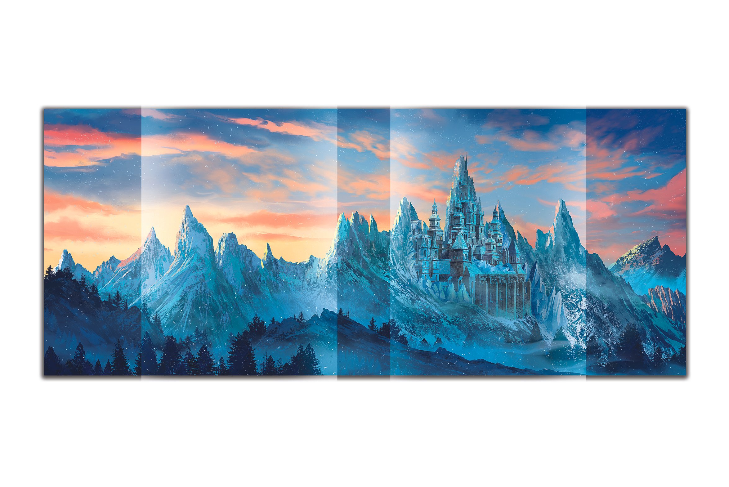 Fantasy landscape painting of snowy mountain range with a castle on a central mountain, under a colorful sunset sky with pink, orange, and blue clouds and stars in the sky.