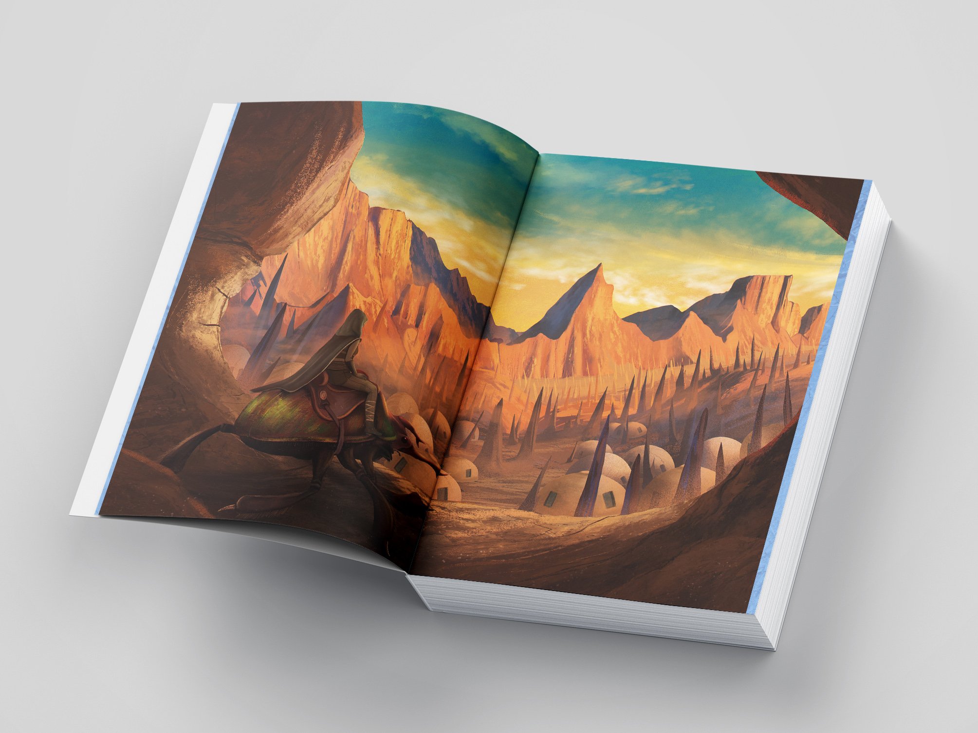 Open book showing a fantasy landscape illustration with orange mountains, spiked formations, and small round buildings, with a rider on a large insect in the foreground.