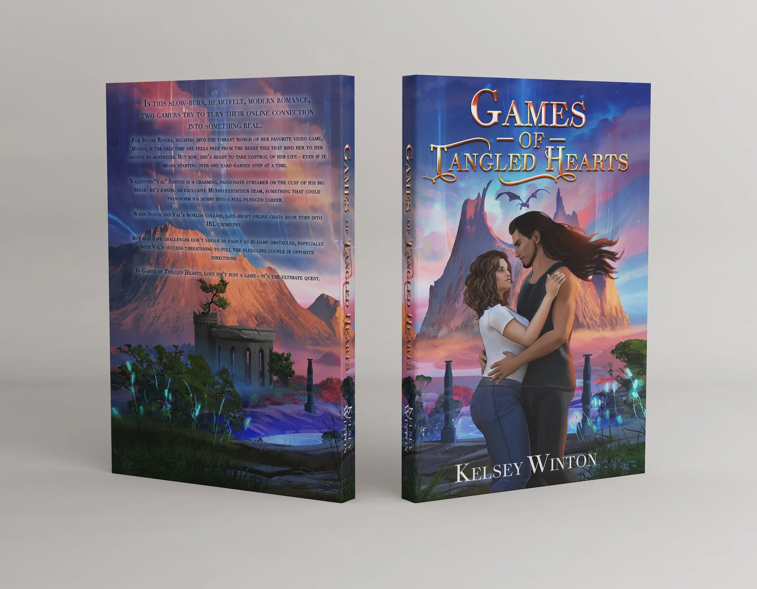 Book cover titled "Games of Tangled Hearts" by Kelsey Winton, featuring a man and a woman embracing with a fantasy landscape background including mountains, a castle, and glowing trees.