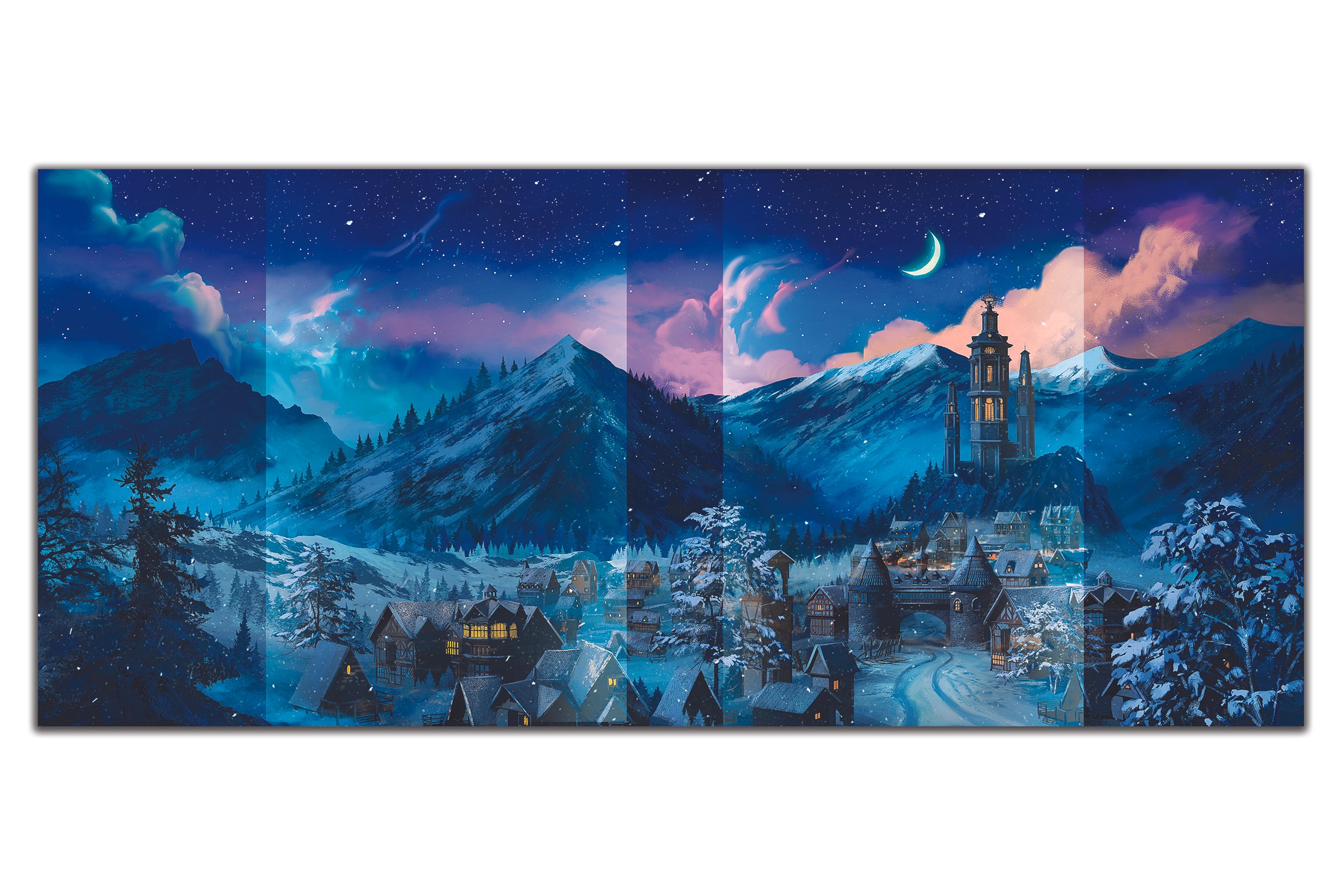 A painting of a snowy mountain village at night with a starry sky, crescent moon, and a large cathedral on a hill.