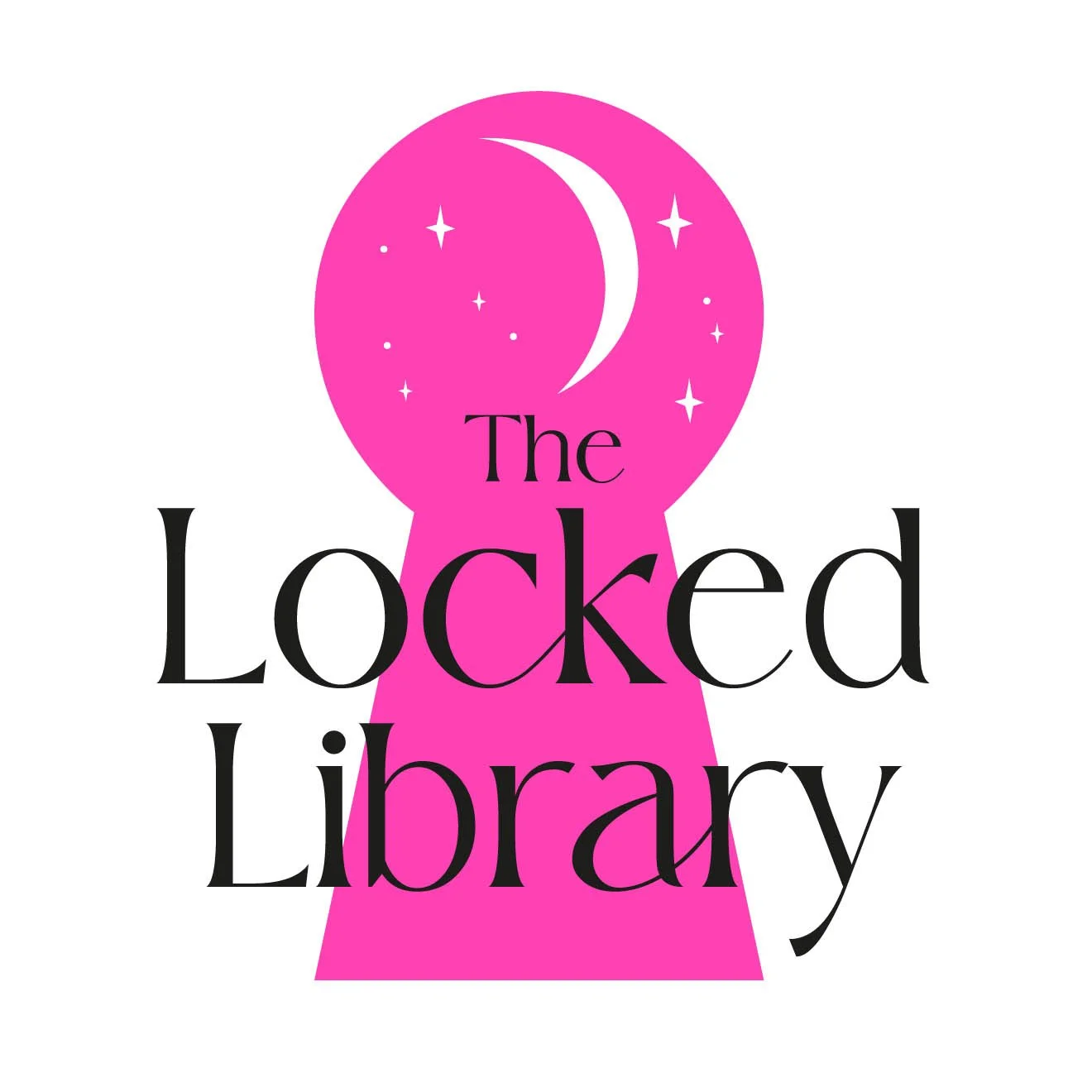 A pink keyhole with a white crescent moon and stars inside, overlaying the text 'The Locked Library' in black font.