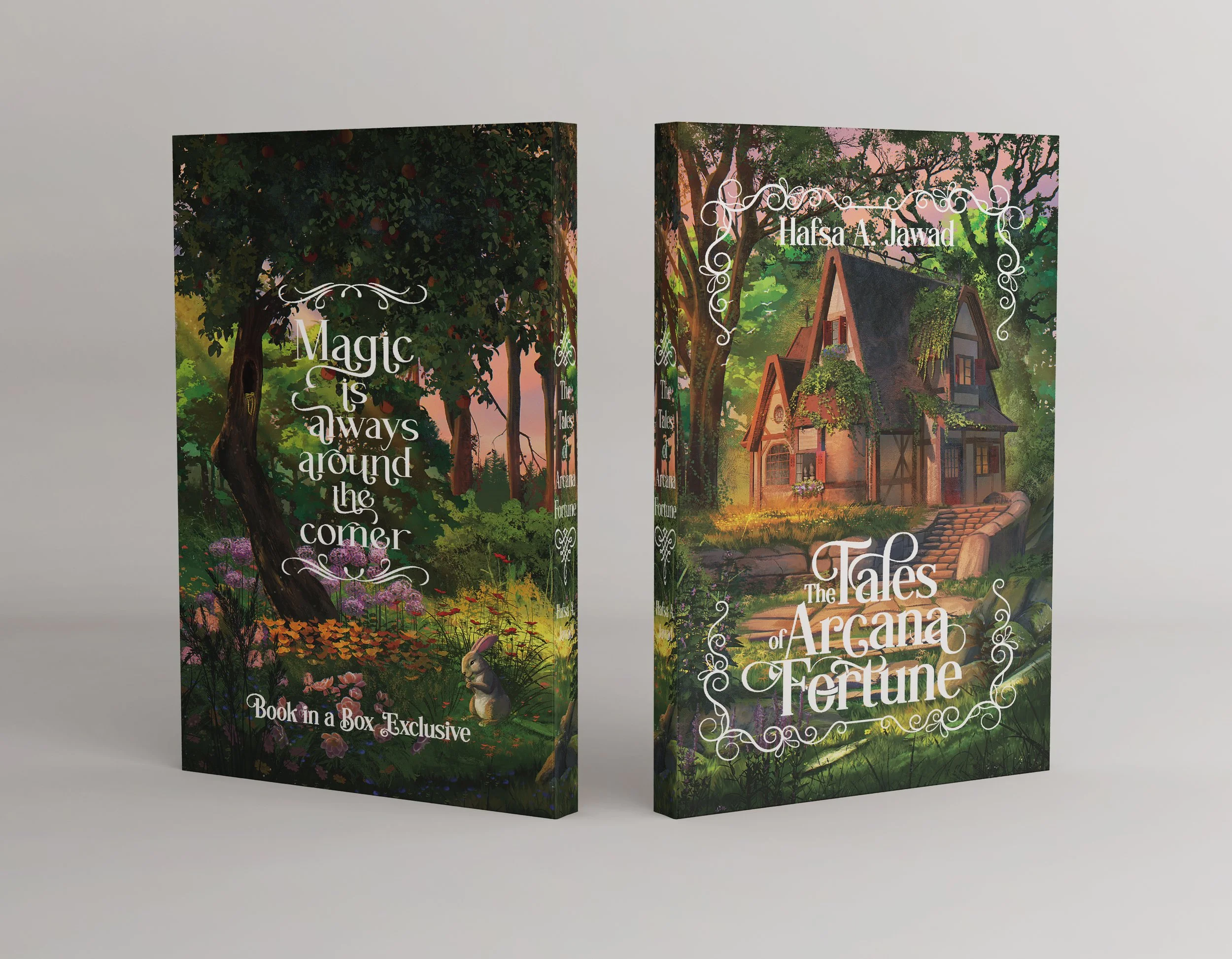 Two book covers featuring fantasy woodland scenes; one with a tree and rabbit, and the other with a house surrounded by trees.