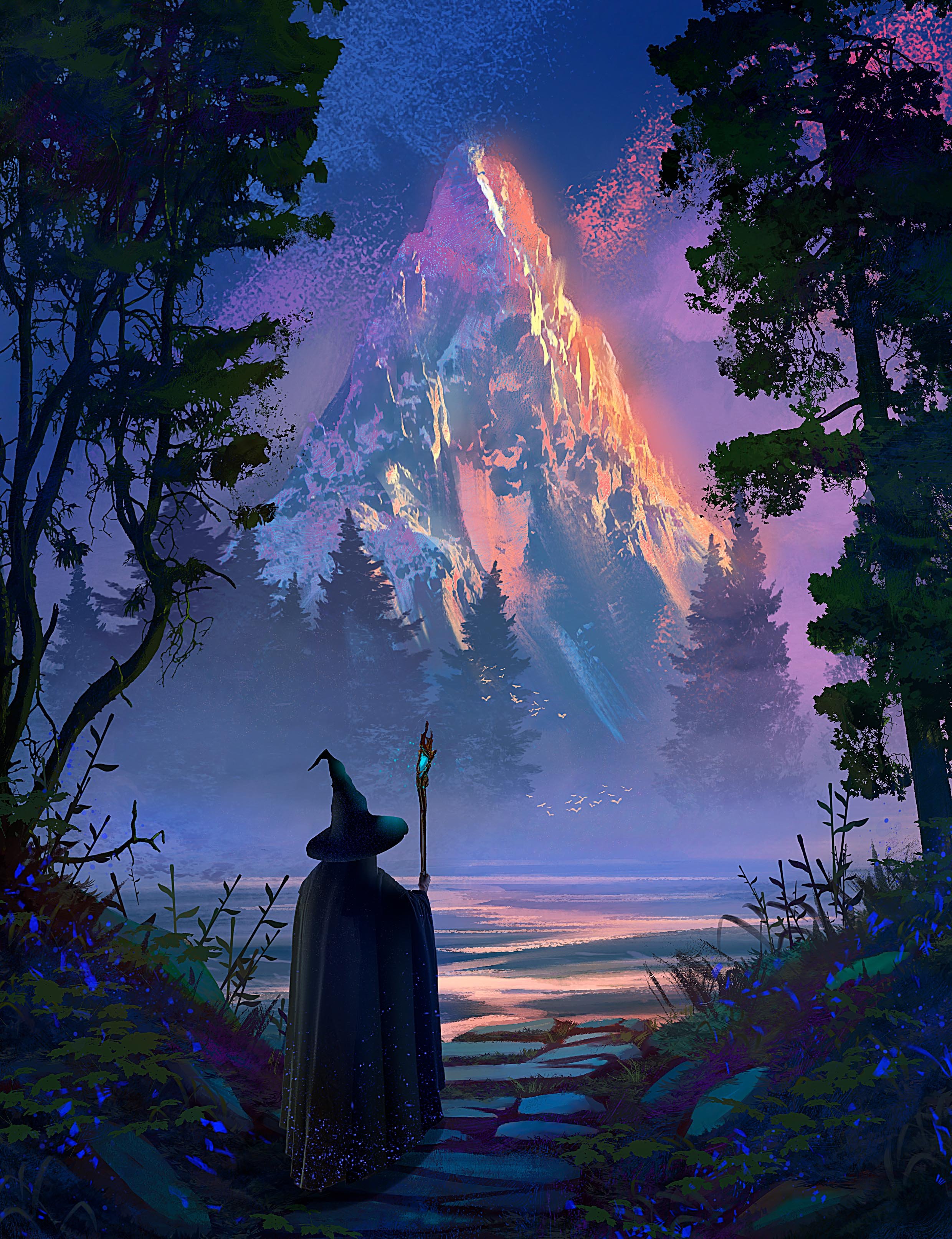 A wizard with a staff standing on a forest path, gazing at a tall snow-capped mountain illuminated at sunset, surrounded by trees and glowing plants.