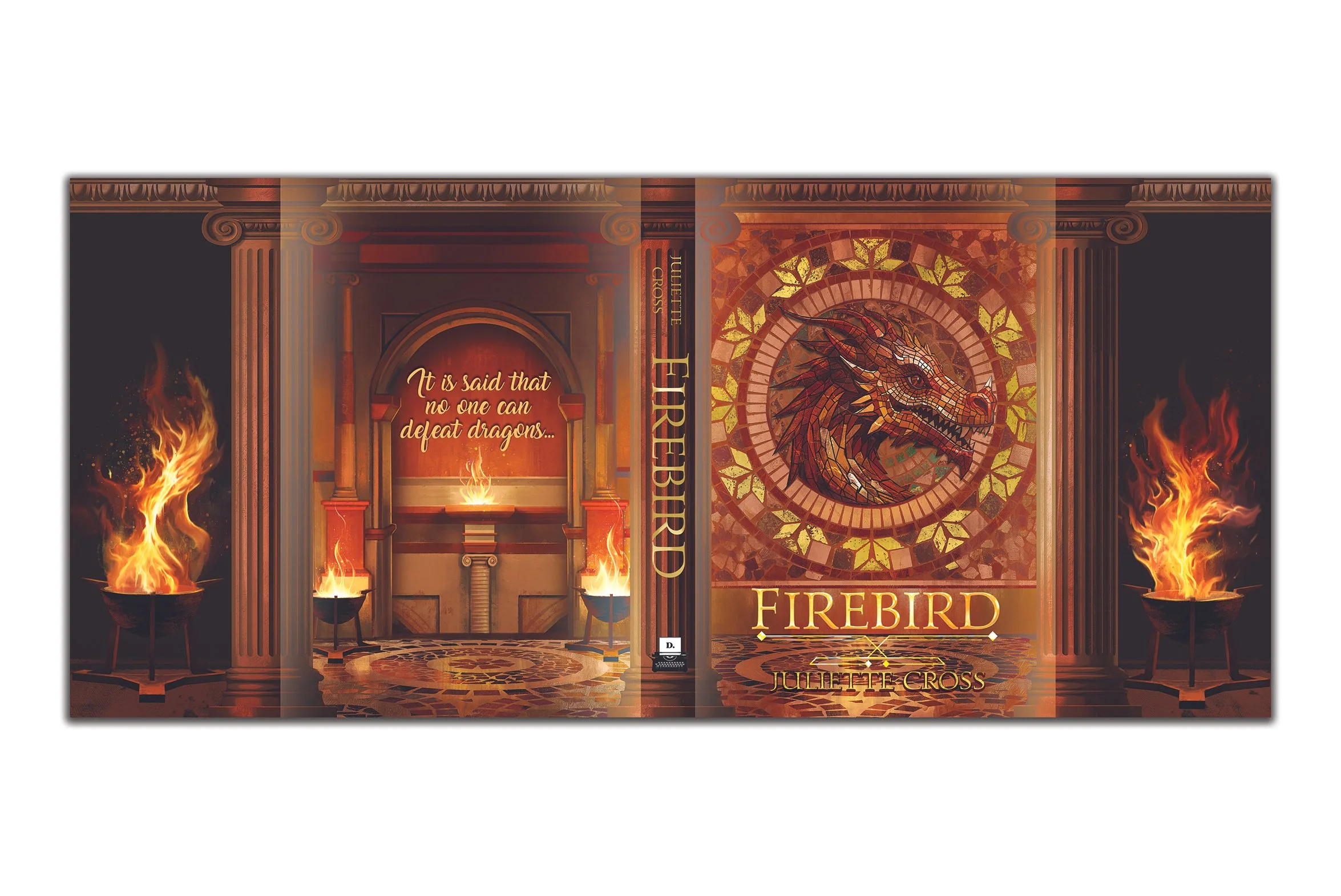 Book cover for 'Firebird' by Juliette Cross, featuring a fiery dragon's head mosaic and flames, with a quote 'It is said that no one can defeat dragons...'