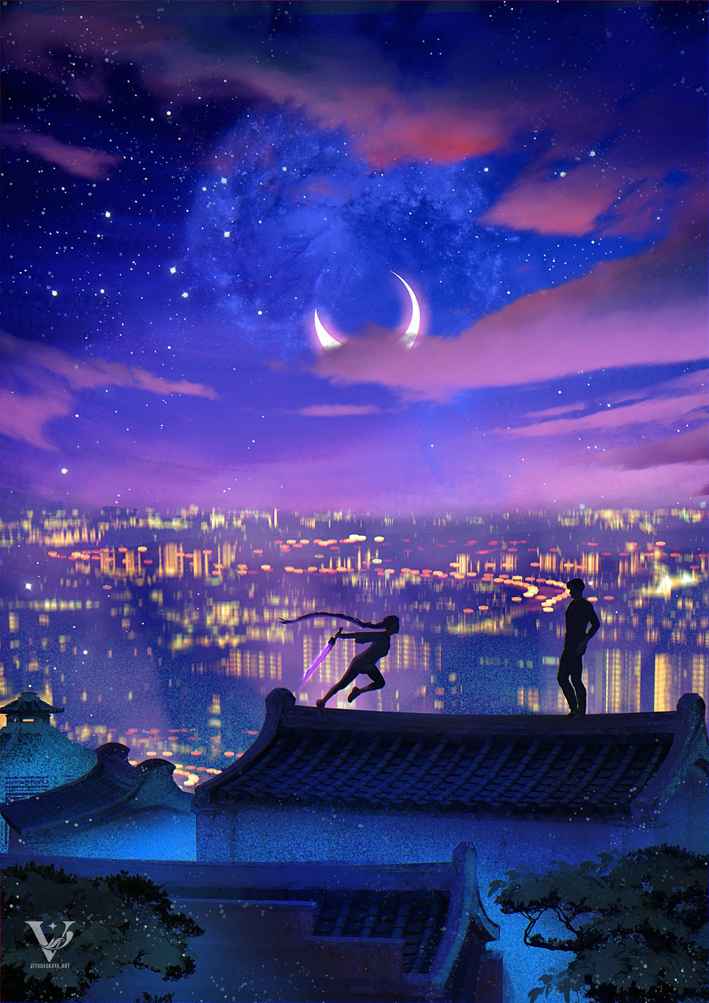Silhouettes of two people standing on rooftops under a night sky with stars, a crescent moon, pink clouds, and a city skyline reflected in a body of water.