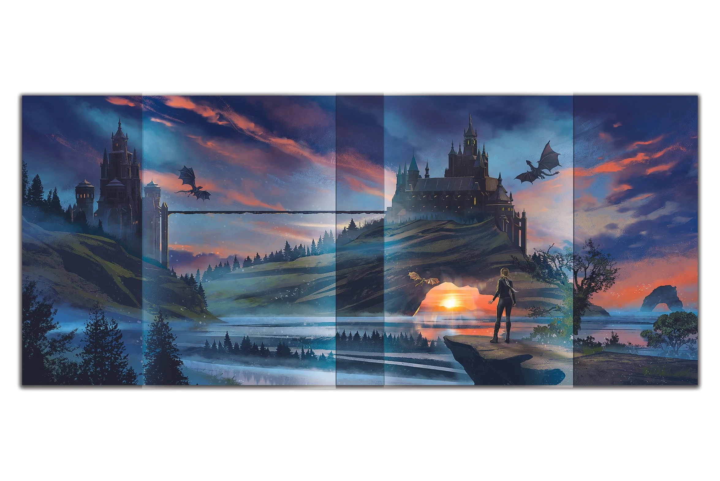 A fantasy landscape featuring a large castle on a hill with towers and battlements. Two dragons fly in the sky, and a person stands on a rock by the water, watching the sunset. The scene includes trees, a river, and an arch-shaped rock formation in t
