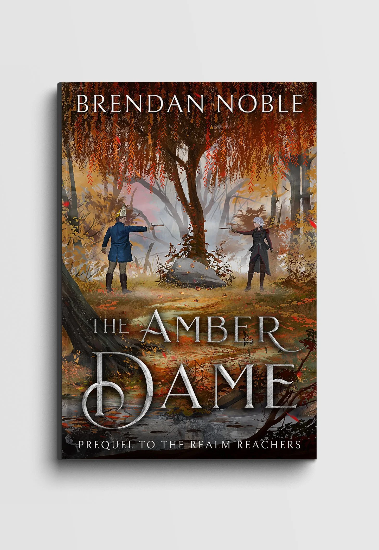 Book cover titled "The Amber Dame" by Brendan Noble, featuring two characters in a forest with Autumn-colored trees, a stream, and a large central tree.