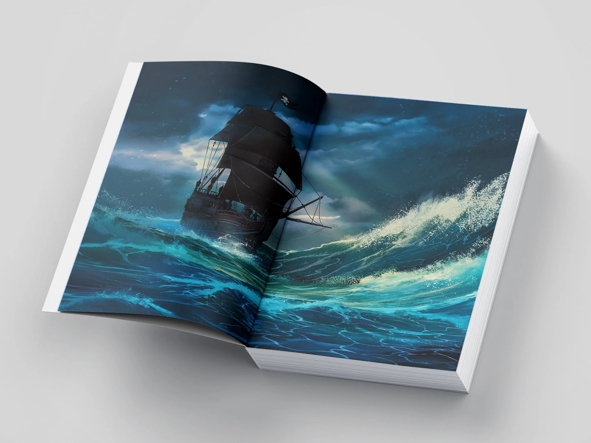 A digital illustration of a pirate ship sailing through rough ocean waves under a stormy sky.