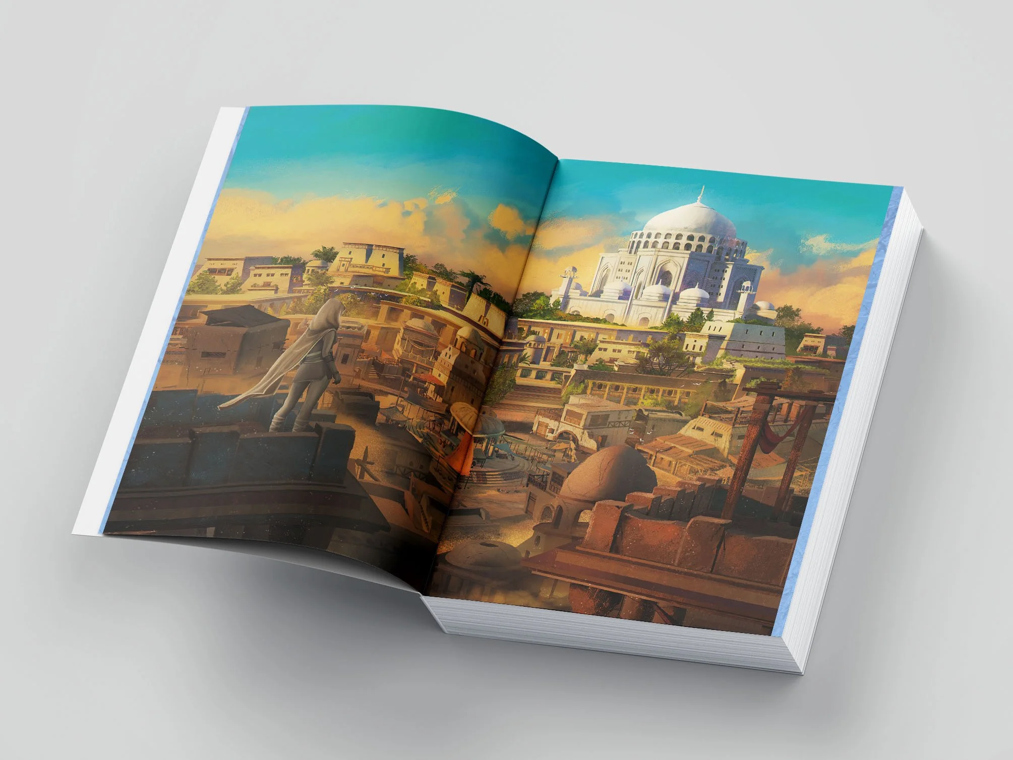 Open book displaying a digital painting of a fantasy cityscape with a large white domed building in the background and a cloaked figure standing on rooftops in the foreground.