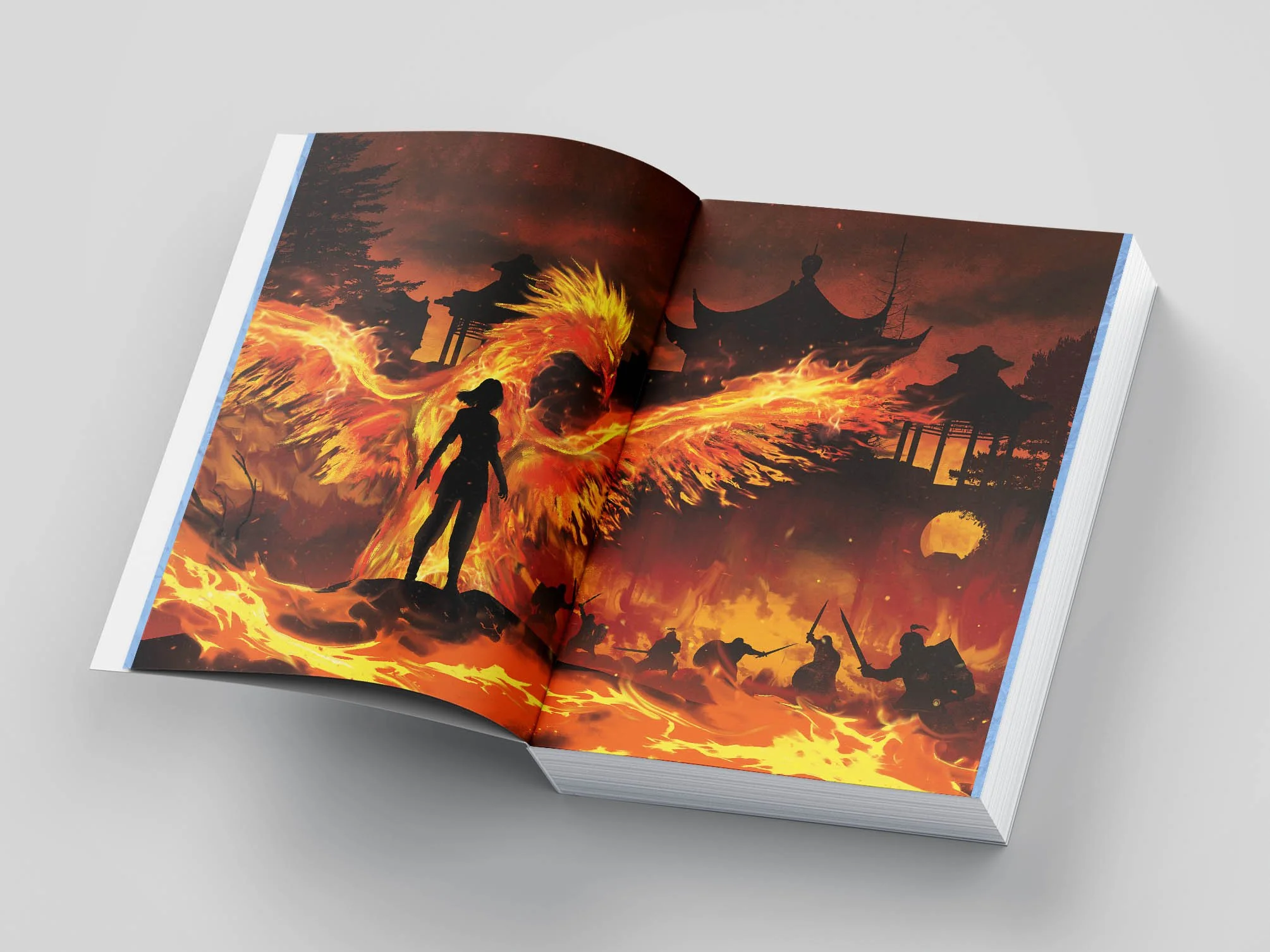 Open book displaying a fantasy scene with a figure with fiery wings, surrounded by warriors and traditional Japanese structures at sunset.