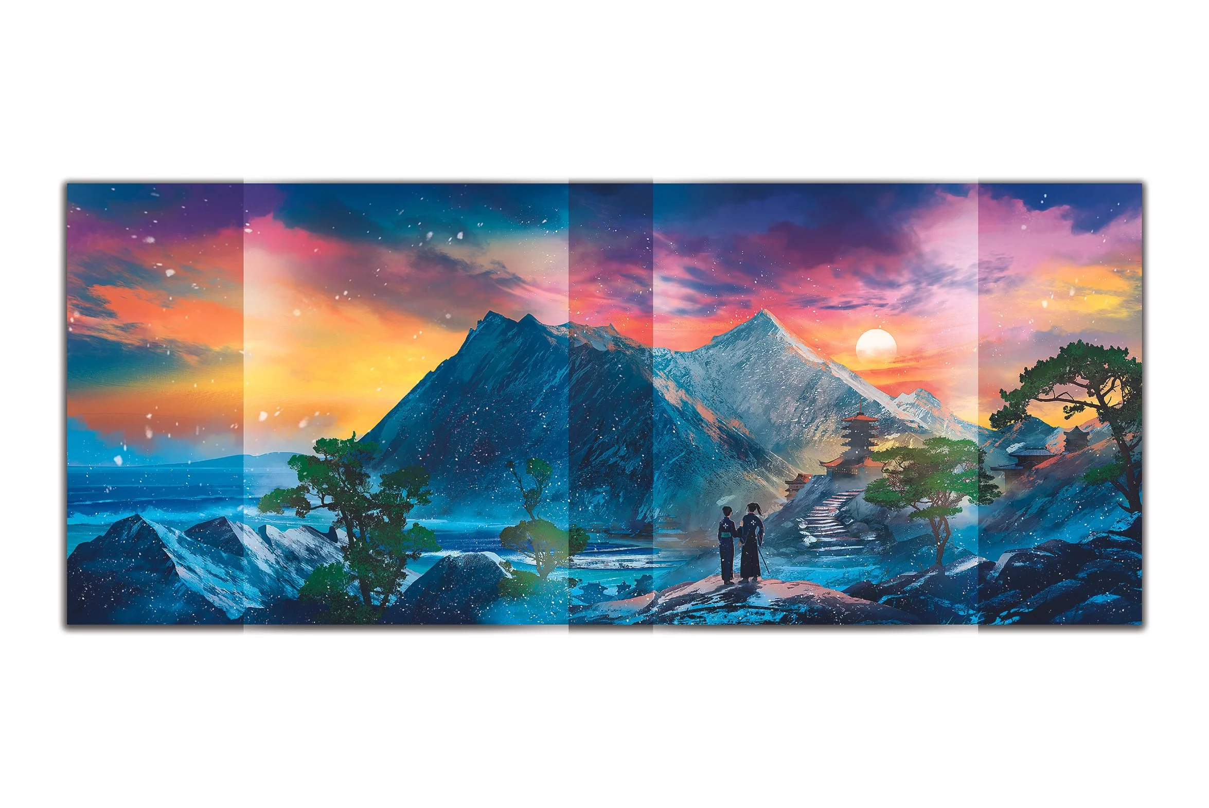 Colorful landscape painting of mountains, trees, a river, and a sunset with two people in traditional clothing standing near the river.