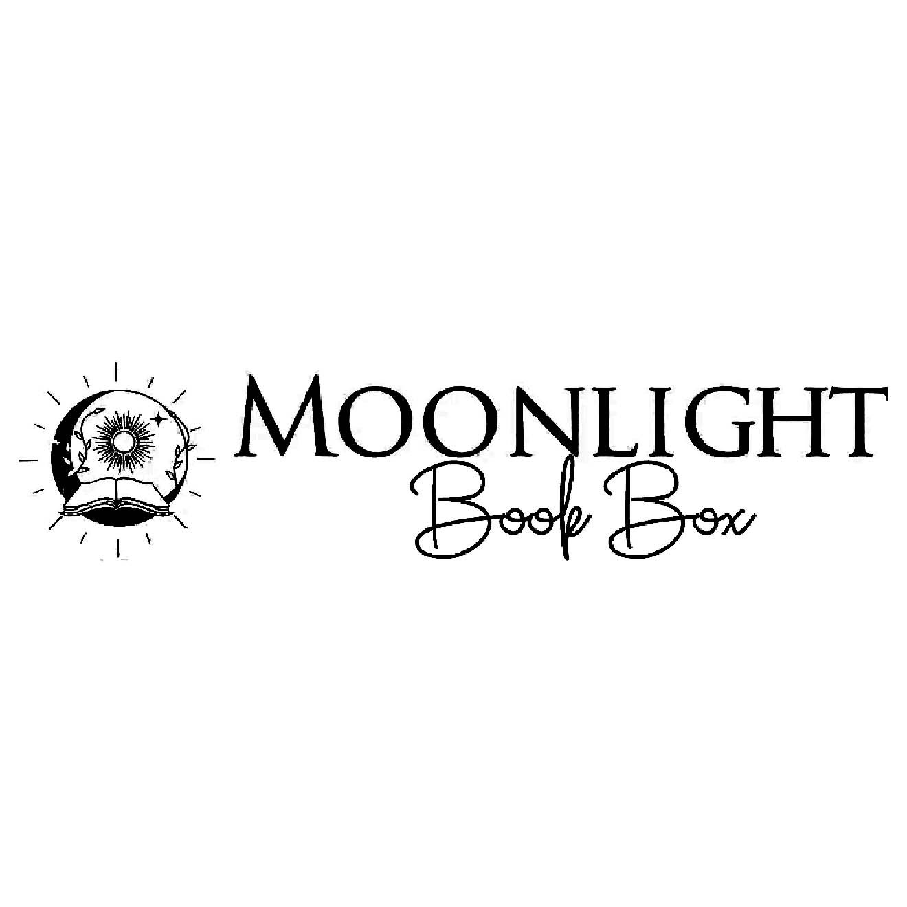 Logo for Moonlight Book Box with illustration of a moon, stars, an open book, and a sun