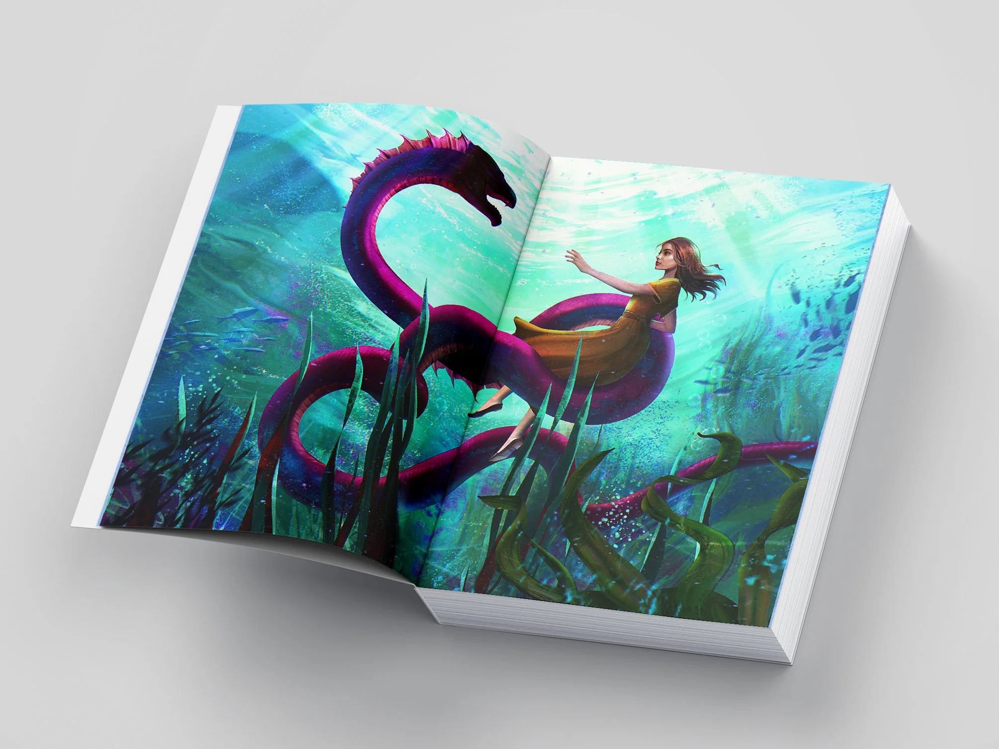 A fantasy scene of a girl in a brown dress sitting on a pink and purple sea serpent-like creature underwater surrounded by aquatic plants and fish, with light rays penetrating the water.