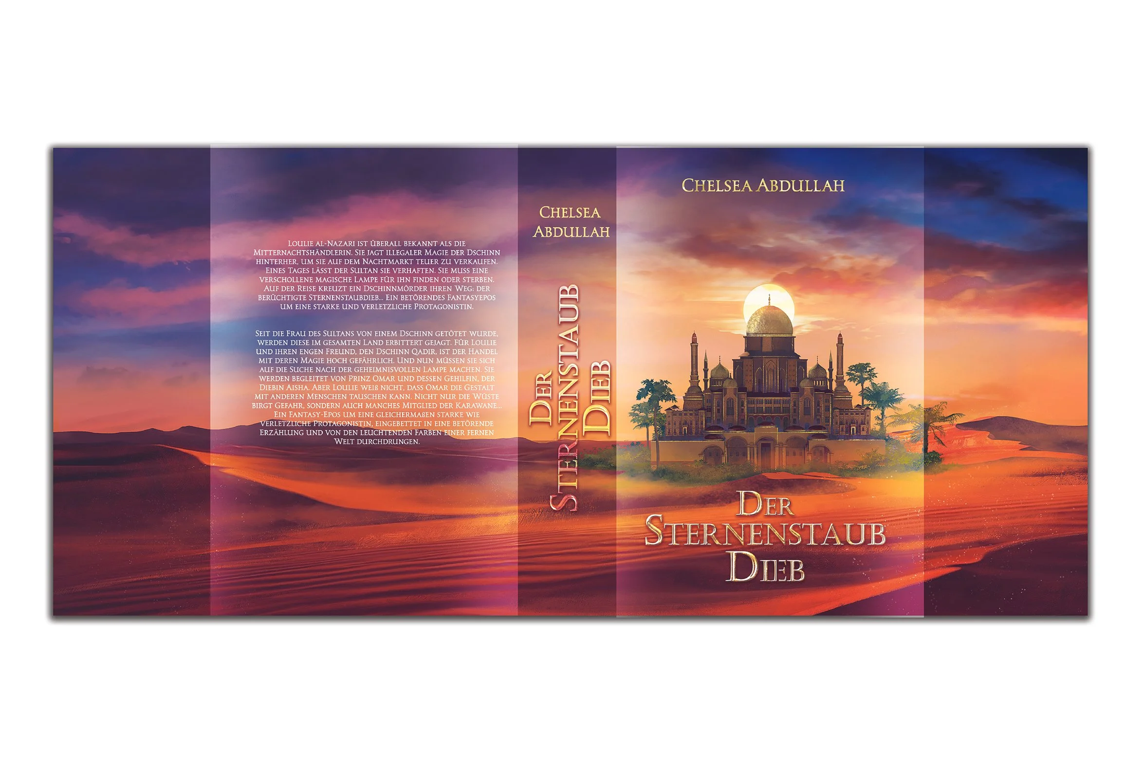 Book cover featuring a desert landscape with a sunset, a palace with a dome, and palm trees, titled "Der Sternenstaub Dieb" by Chelsea Abdullah.
