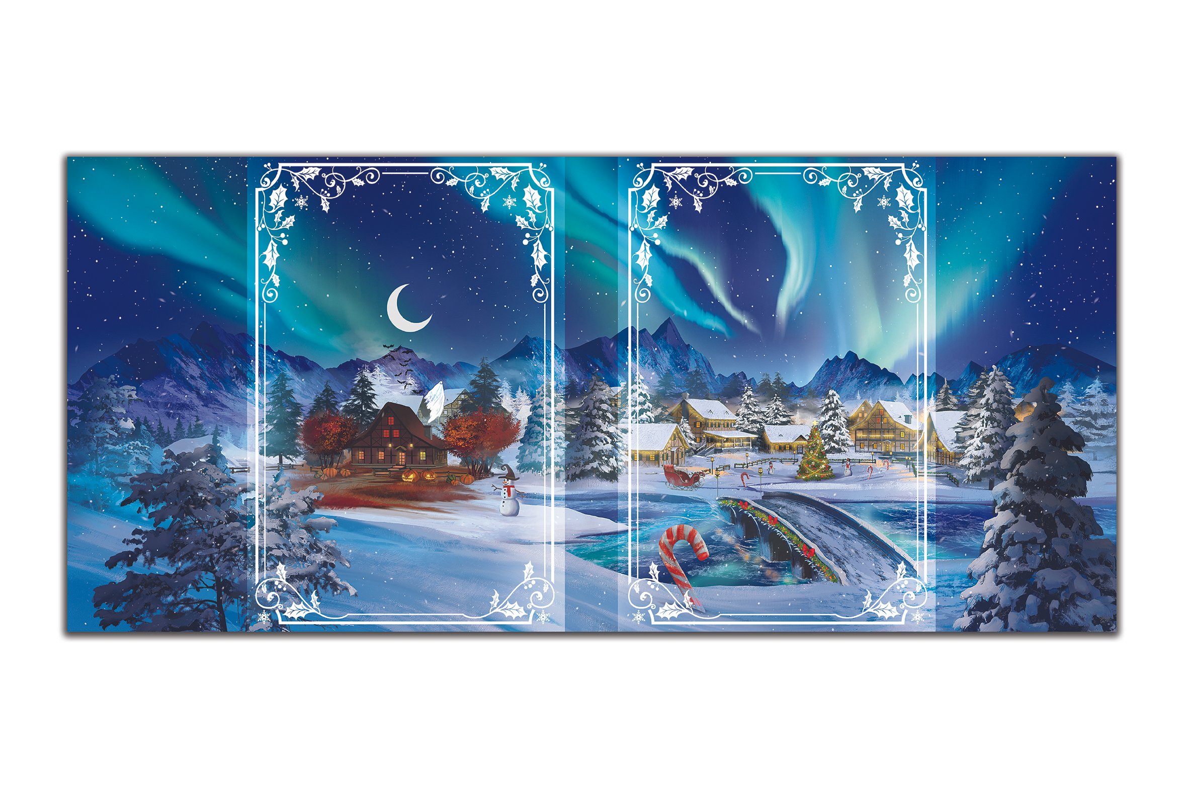 A winter scene with snow-covered houses, trees, and mountains under a starry night sky with the northern lights. There is a snowman, candy canes, a Christmas tree, and a small bridge over a frozen river.