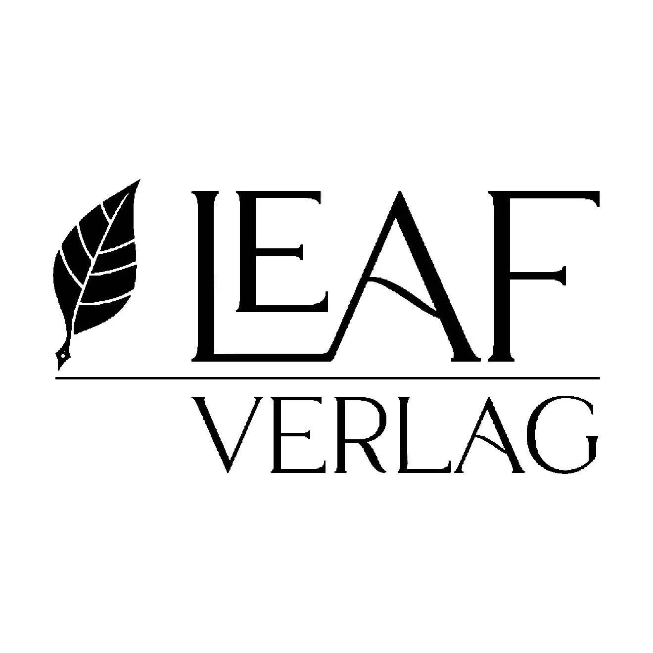 Black and white logo with a leaf graphic and the text 'LEAF VERLAG'.