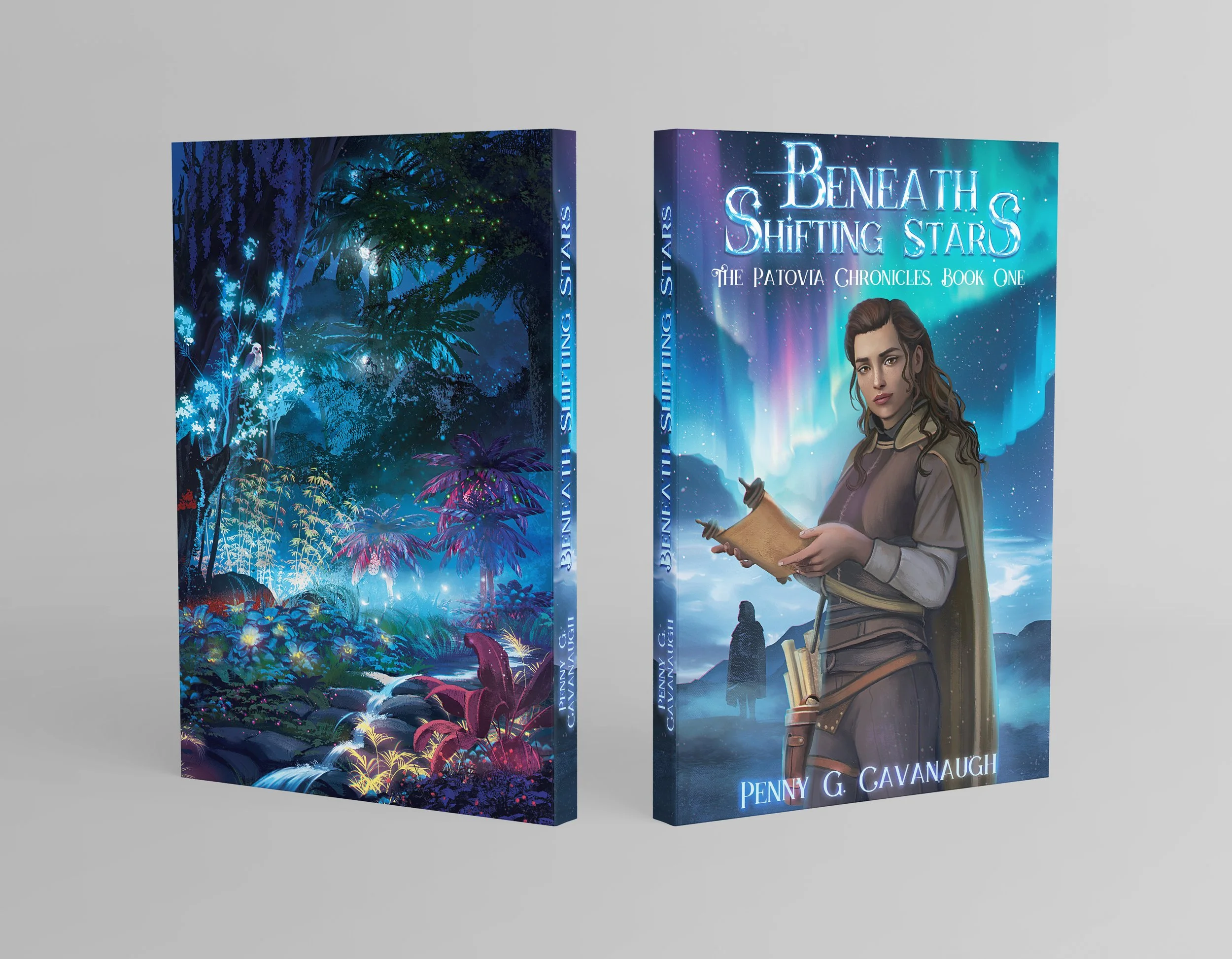 Book cover titled "Beneath Shifting Stars" with a young woman holding a book, set against a night sky with the Northern Lights.