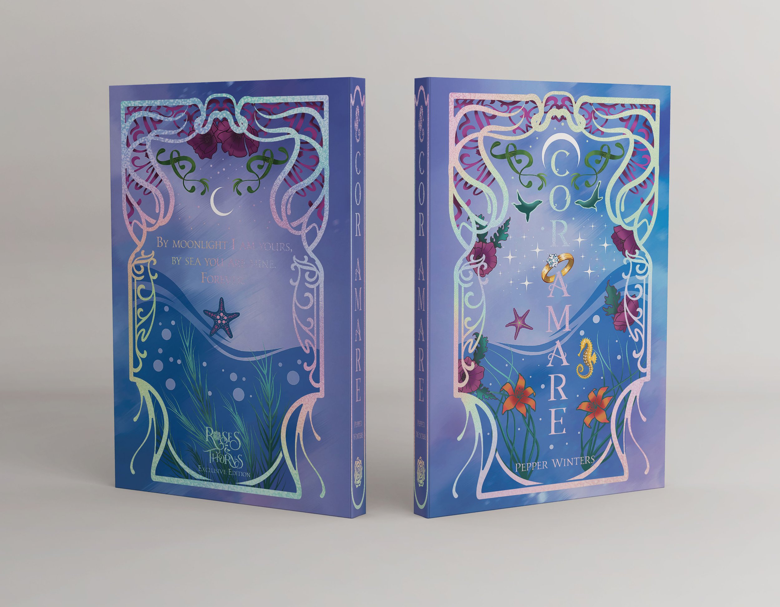 Two colorful books with ocean-themed covers featuring stars, flowers, seahorses, starfish, and treasures, titled 'Posey of the Sea'.