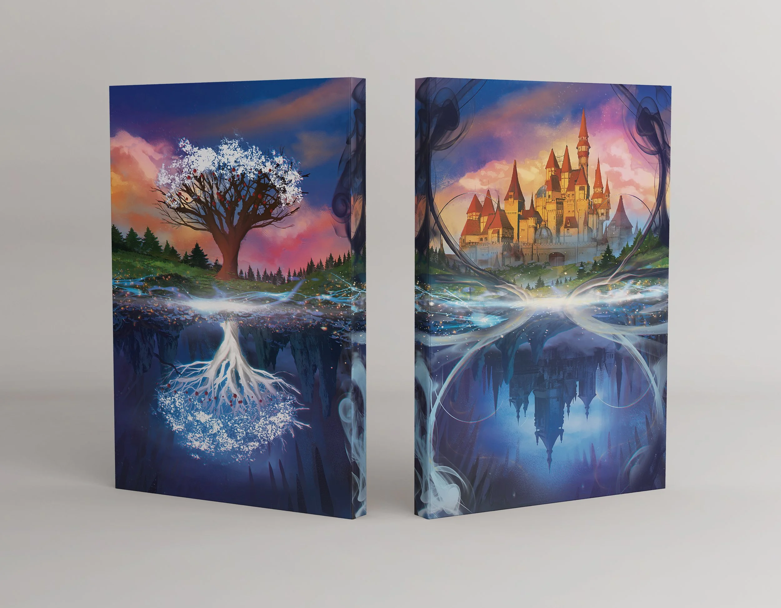 Two colorful fantasy-themed panels depicting a tree and a castle, with bright swirling energy connecting them and reflected beneath.