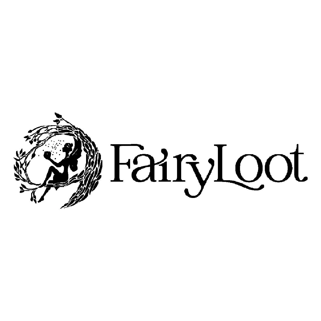 Logo for FairyLoot featuring a silhouette of a fairy sitting on a branch with leaves and a star-like sparkle, next to the word "FairyLoot" in stylized black font.