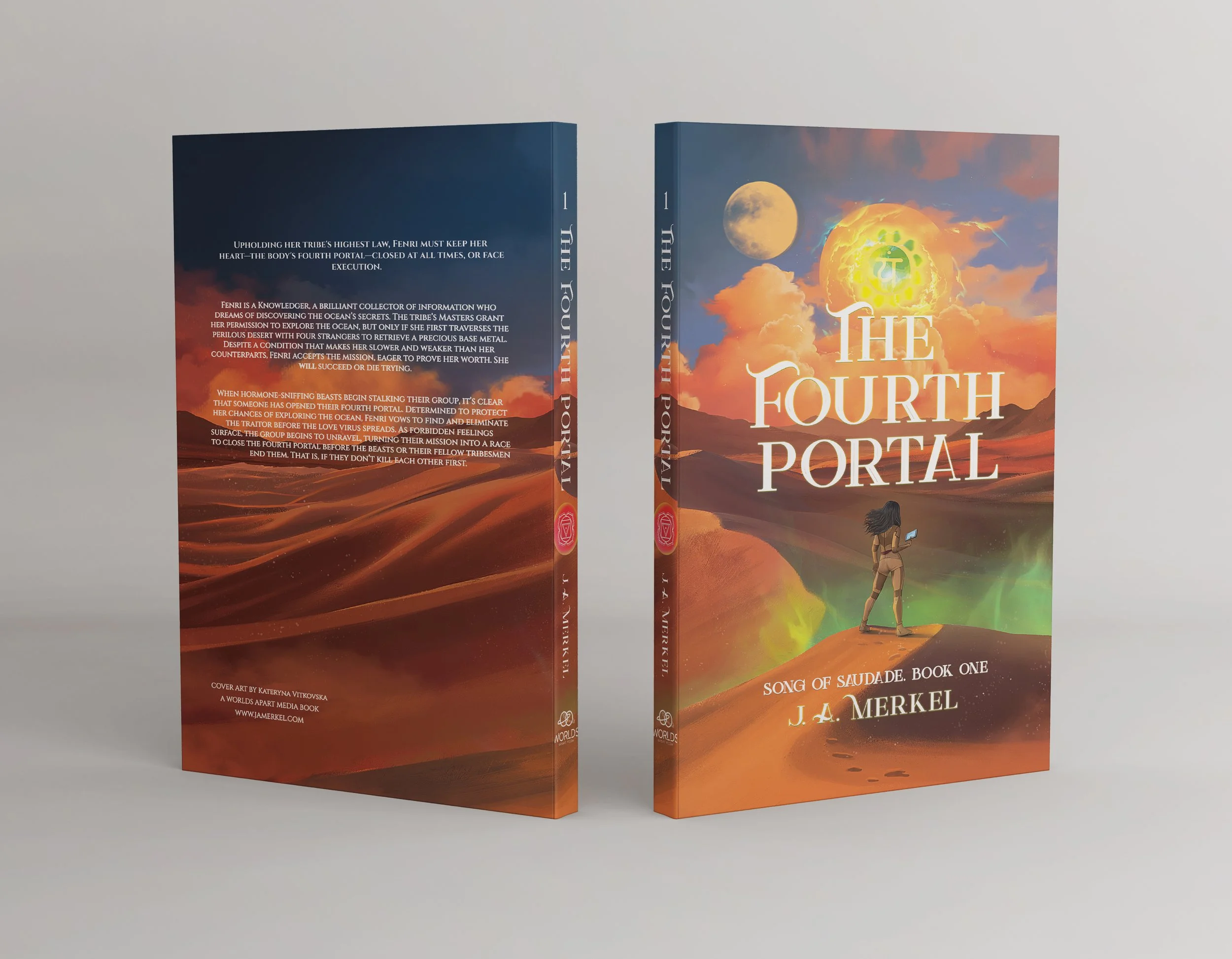 Back and front view of a book titled "The Fourth Portal" by J. A. Merkel, featuring a desert landscape with two moons and a woman holding a tablet.
