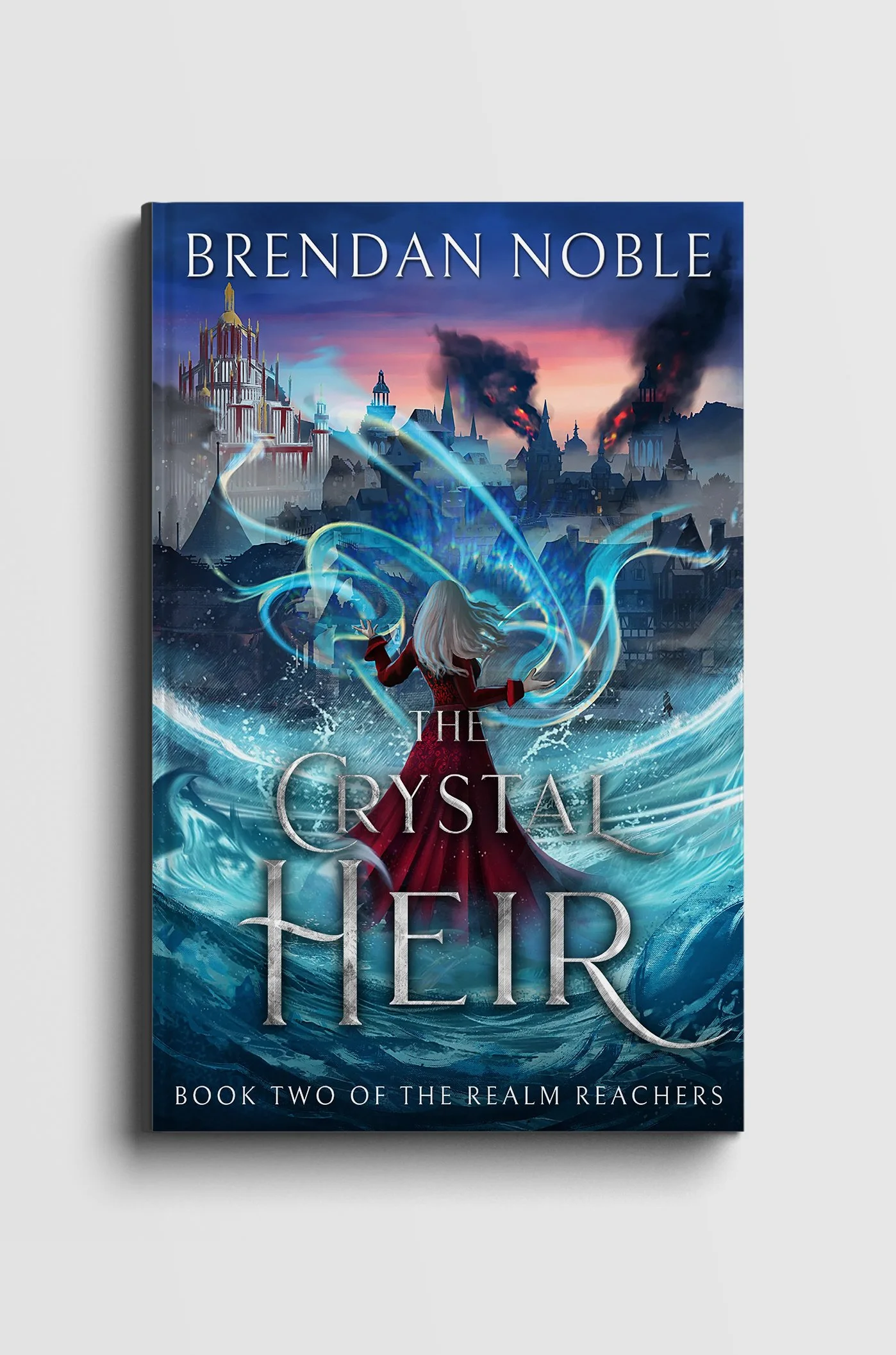 Book cover for "The Crystal Their" by Brendan Noble featuring a woman in red facing a city in flames with water and magical light effects.