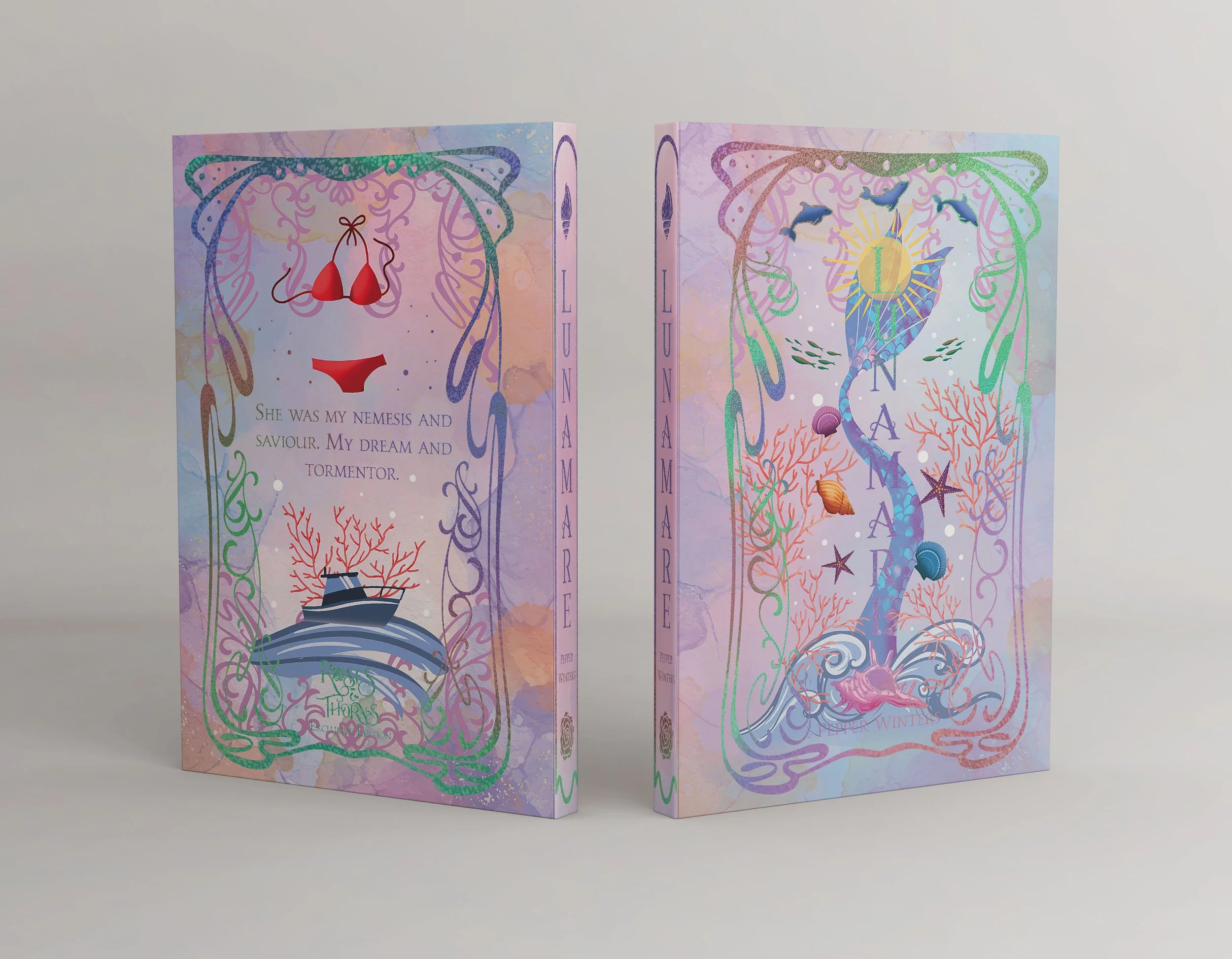 Two colorful book covers with sea-themed illustrations and the title 'LUNA MARE'. The left cover features a red bikini top and bottom, a ship, and coral, with the quote 'She was my nemesis and savior. My dream and tormentor.' The right cover depicts 
