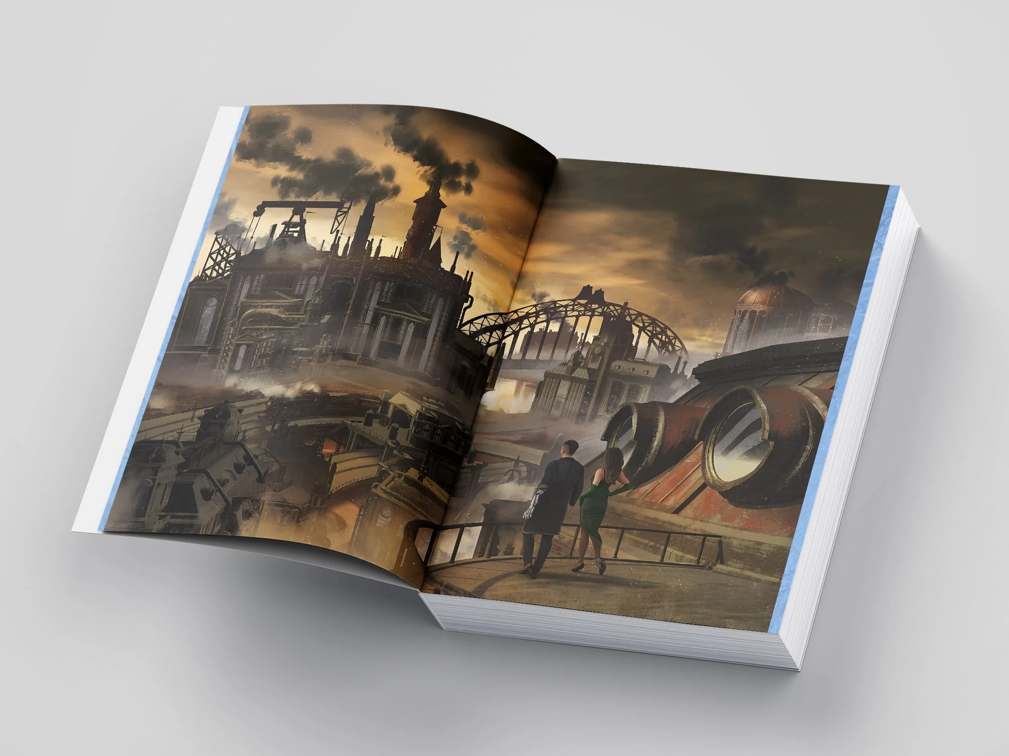 A dystopian scene with a destroyed industrial city with large buildings, smoke, and a dramatic sky. Two people walk along a rooftop, observing the devastation.