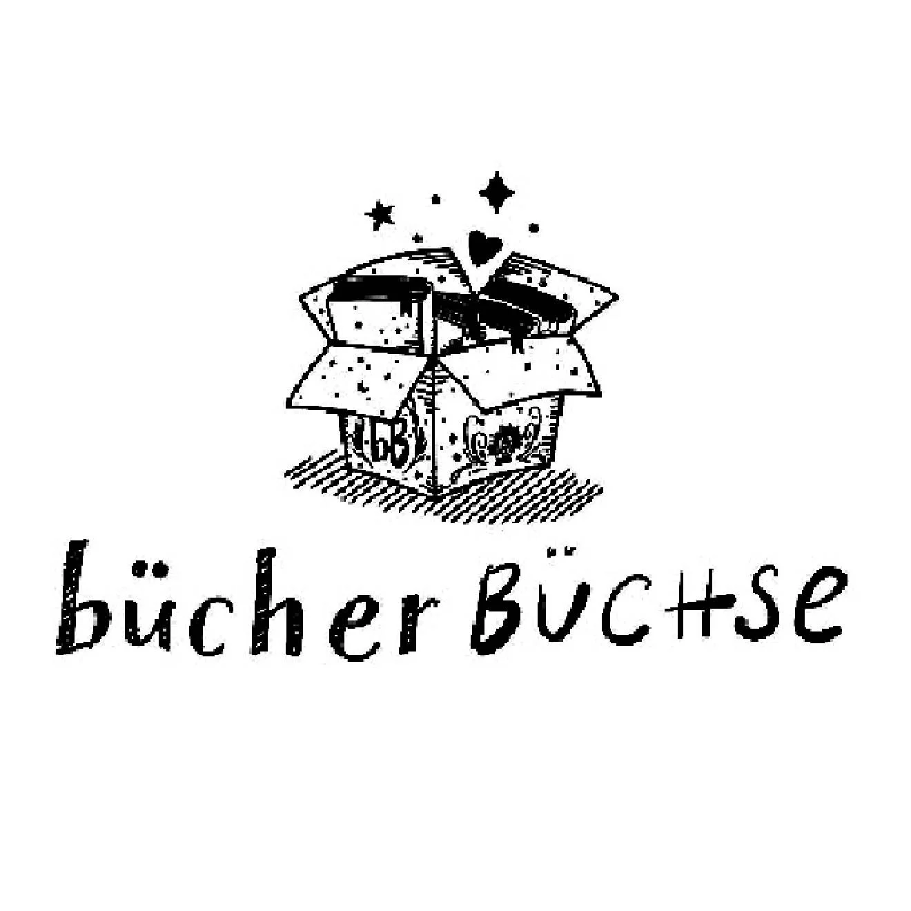 Hand-drawn illustration of an open gift box with stars and a heart above it, with the words "Bücher Buxe" written below.