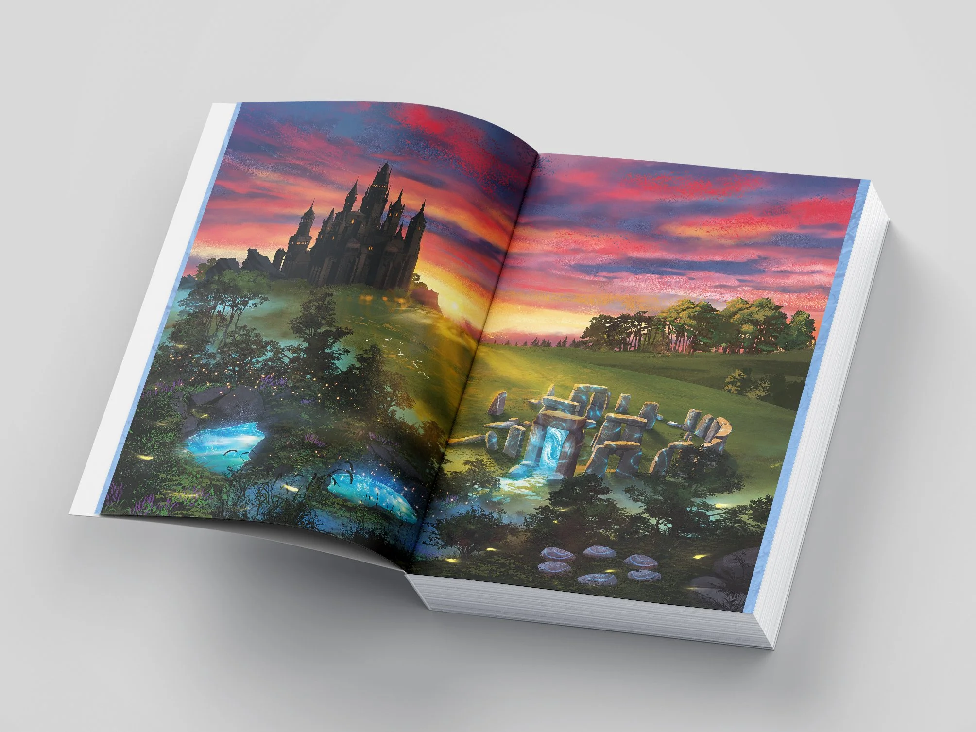 Open book showing a colorful fantasy landscape with a dark castle on a hill, a pond, lush trees, and a sunset sky with pink and purple clouds.