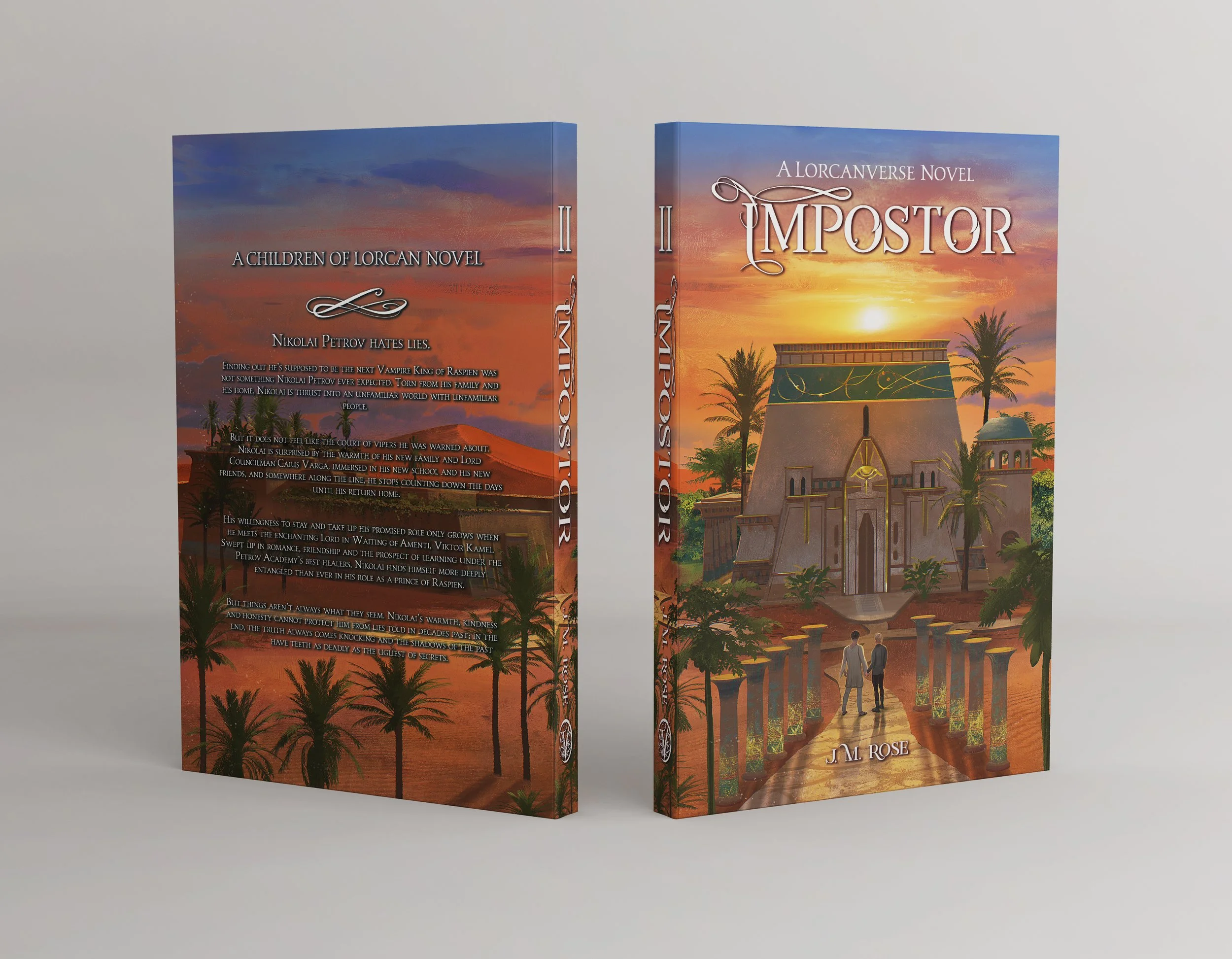 Two fantasy novel books titled "Impactor" and "A Children of Lorcan Novel" with illustrated desert and sunset background, palm trees, a large building, and two characters walking towards the building.