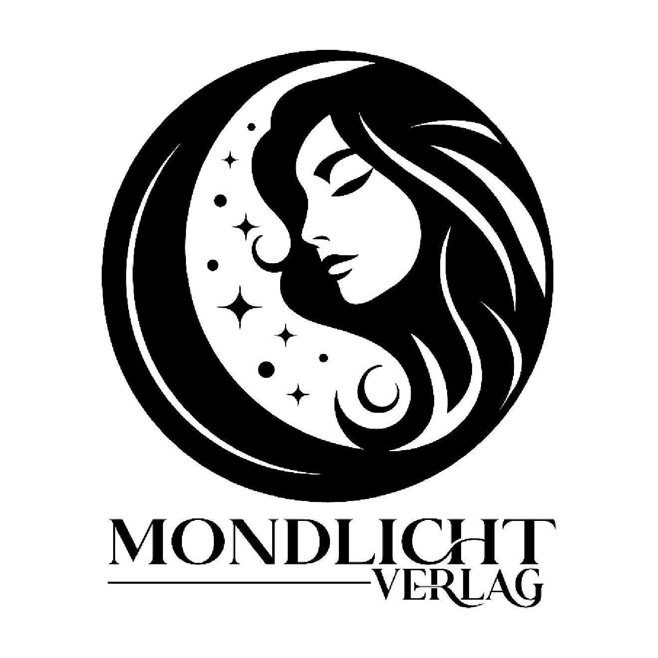 Black and white logo of a woman's face with closed eyes and flowing hair, surrounded by a crescent moon and stars, with the text 'Mondlicht Verlag' below.