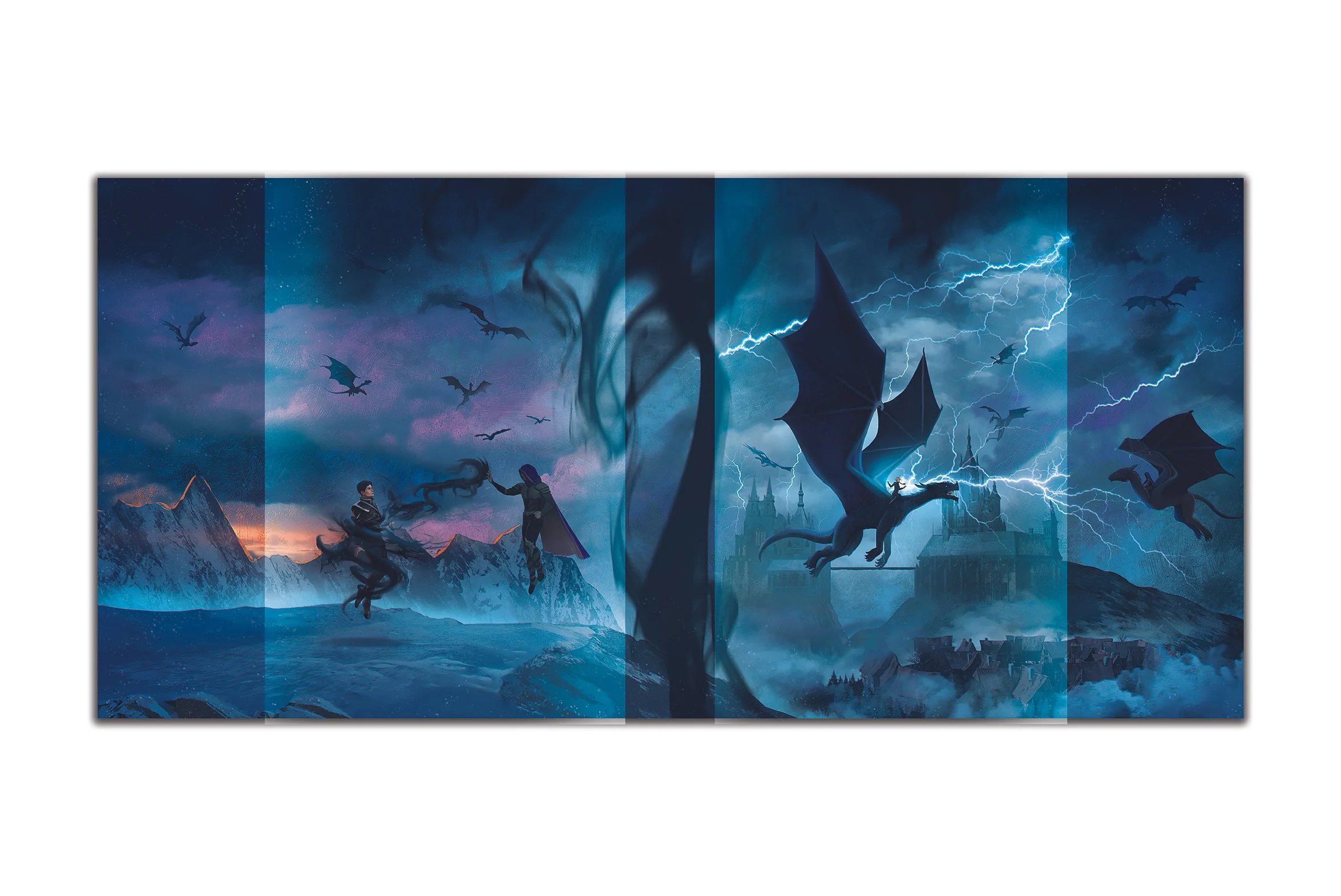 Fantasy scene with two characters flying on a dark creature, surrounded by dragons flying over mountains and a castle in a stormy sky with lightning.