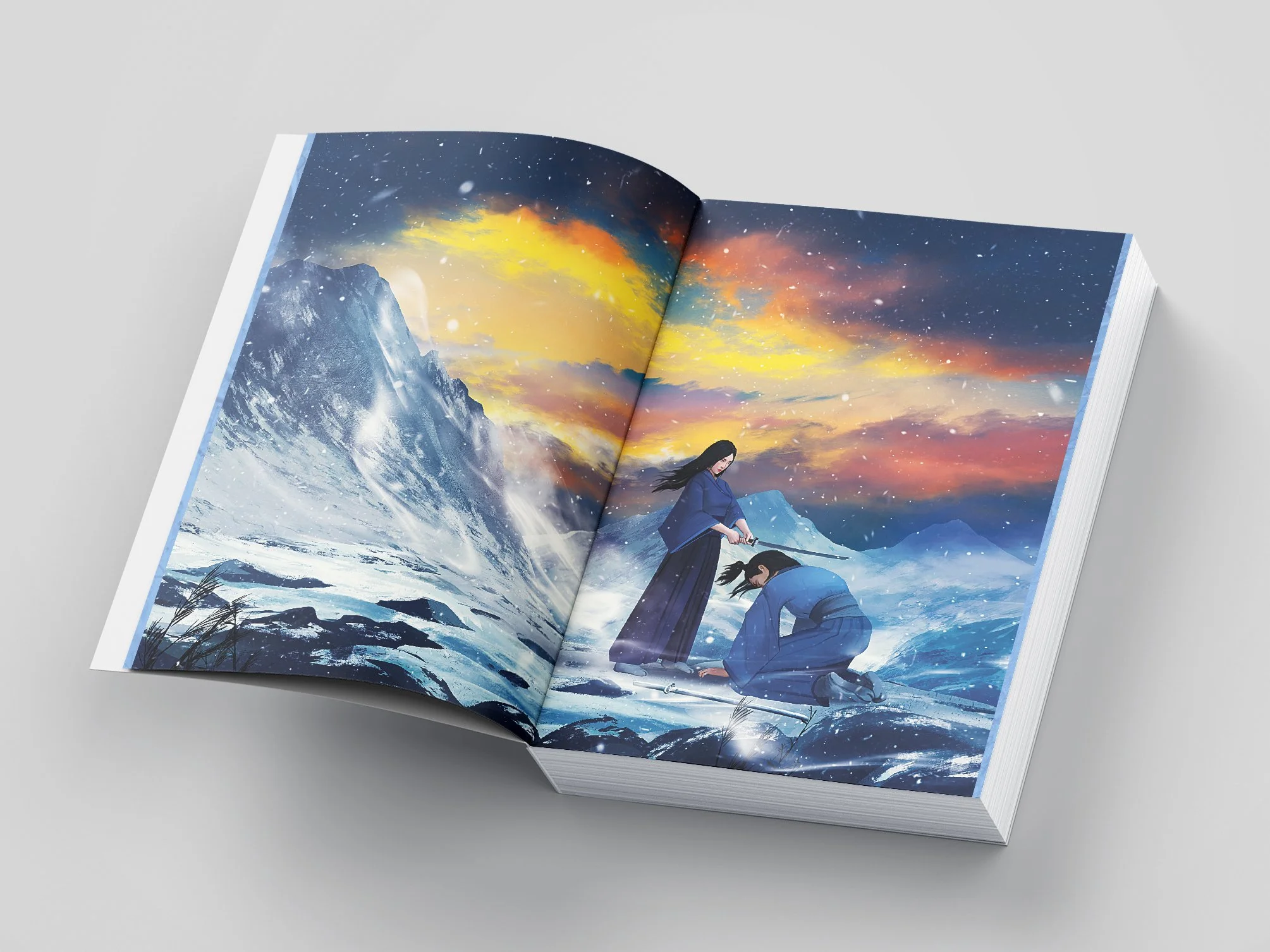 An illustrated scene from a manga or anime showing two women in traditional blue clothing in a snowy mountain landscape, one kneeling and the other standing, with a colorful sunset sky and snow falling.