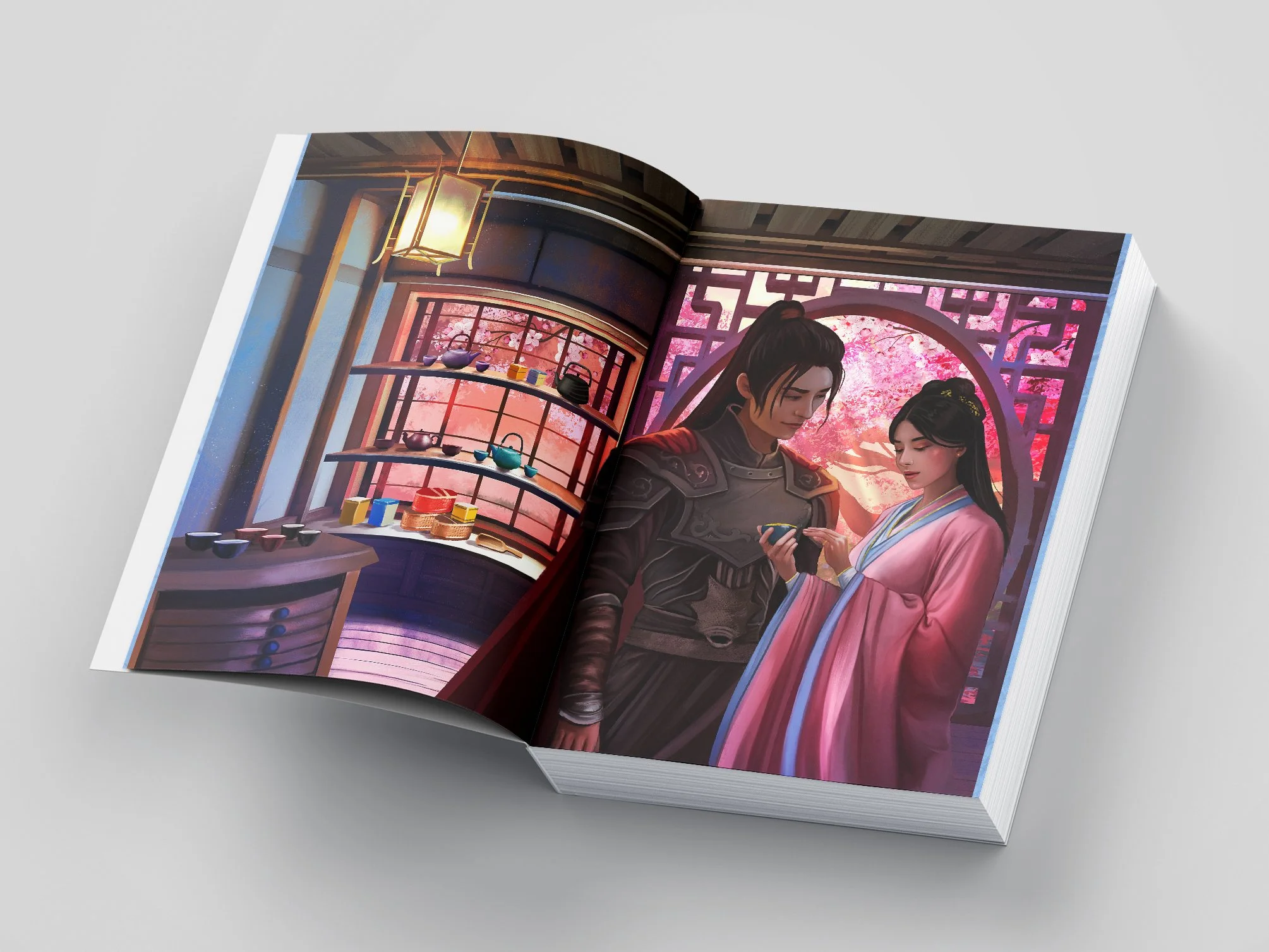 Illustration of a man and woman in traditional Asian attire, standing in a room with pink cherry blossom trees outside a window.