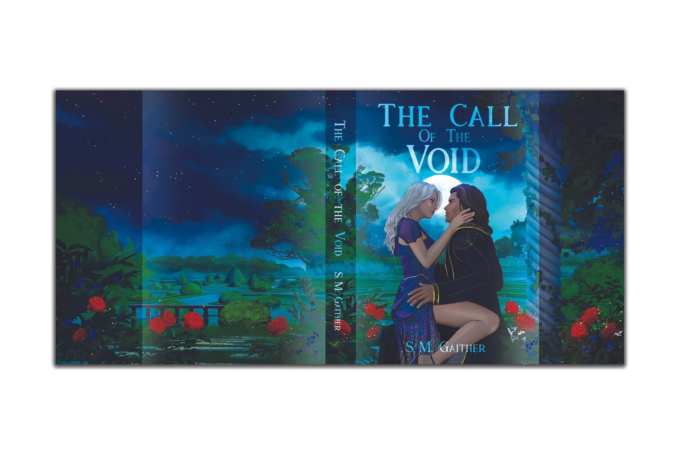Book cover titled 'The Call of the Void' by S.M. Gaither, depicting a romantic scene with a man and woman embracing in a lush garden at night under a starry sky with trees and flowers.