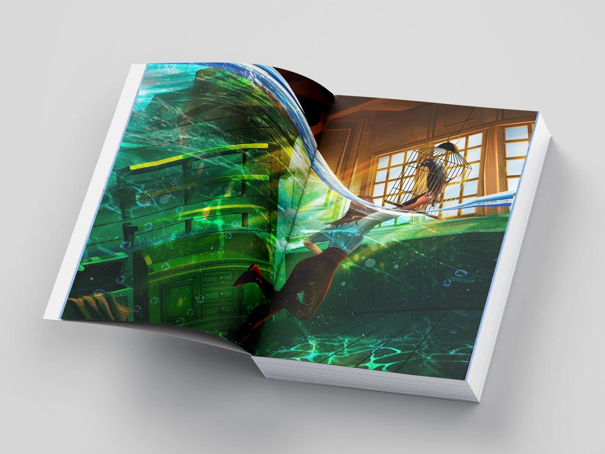 An open book with a vivid underwater scene showing a person swimming through a green, glowing aquatic environment with bubbles, and the scene transitions into a bright, sunny room with large windows and a birdcage.