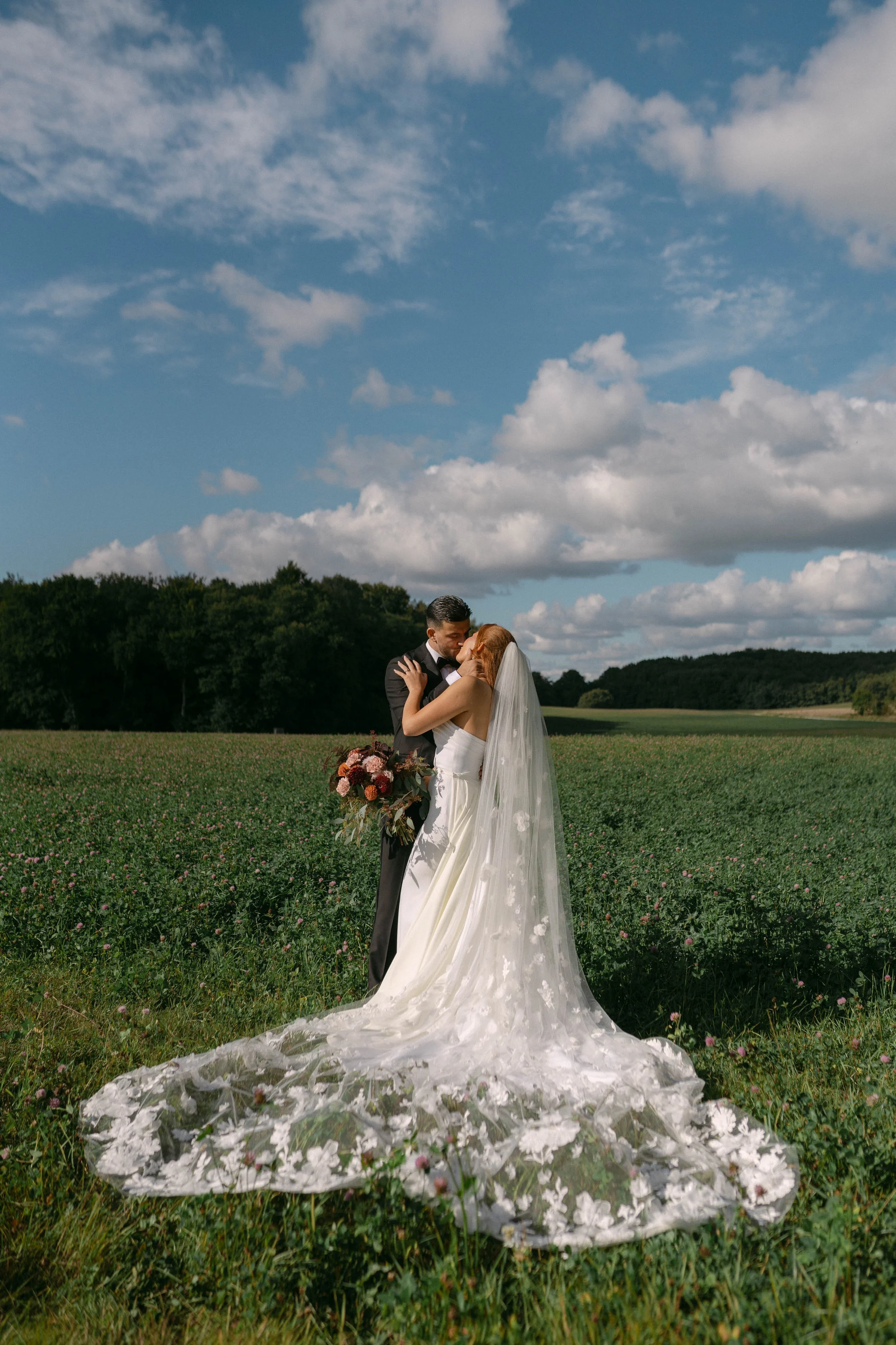 A bride and groom embracing outdoors in a grassy field with a blue sky and clouds, the bride in a white wedding gown with a long veil, holding a bouquet, and the groom in a black suit.