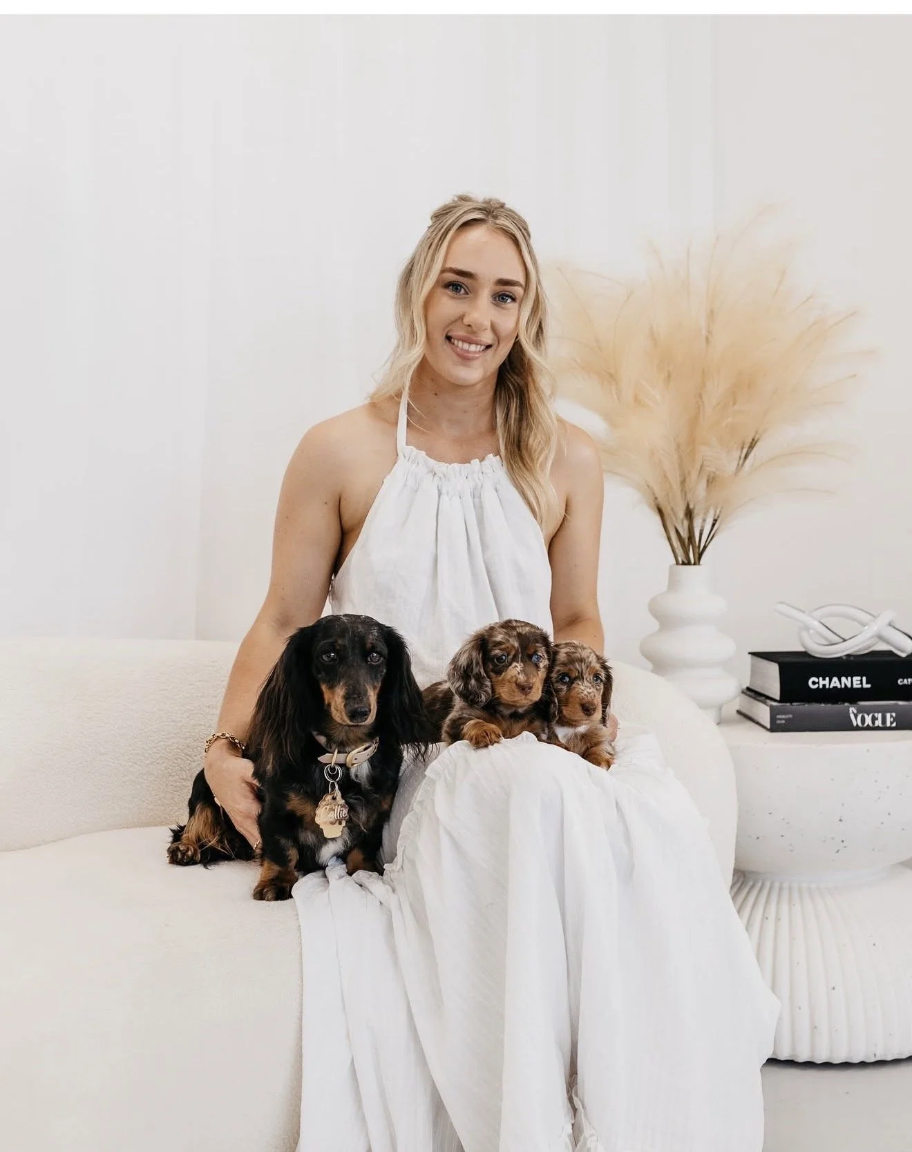 A woman in a white dress sitting on a white couch with three dachshund puppies. There are decorative vases with dried pampas grass and fashion books in the background.