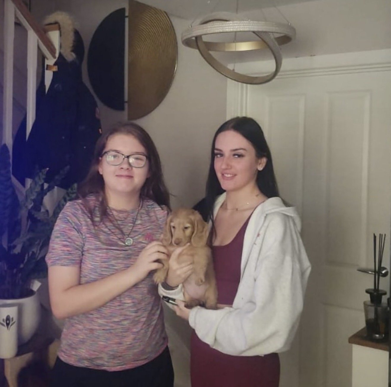 Two young women standing inside a house, one holding a small tan puppy, both smiling, with modern decor and a door in the background.