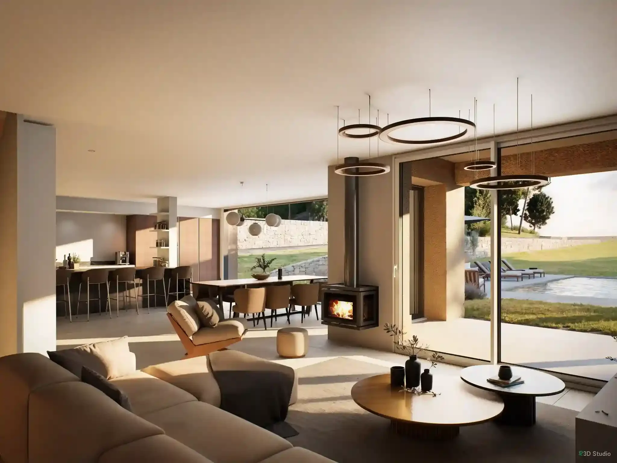 Espace salon avec Baie vitré avec une vue sur le jardin et la piscine. Un canapé blanc, des luminaires suspendus circulaire, une cheminée, un fauteuil. Une table avec des chaises marron. Deux tables basses rondes avec des pots de fleurs dessus.