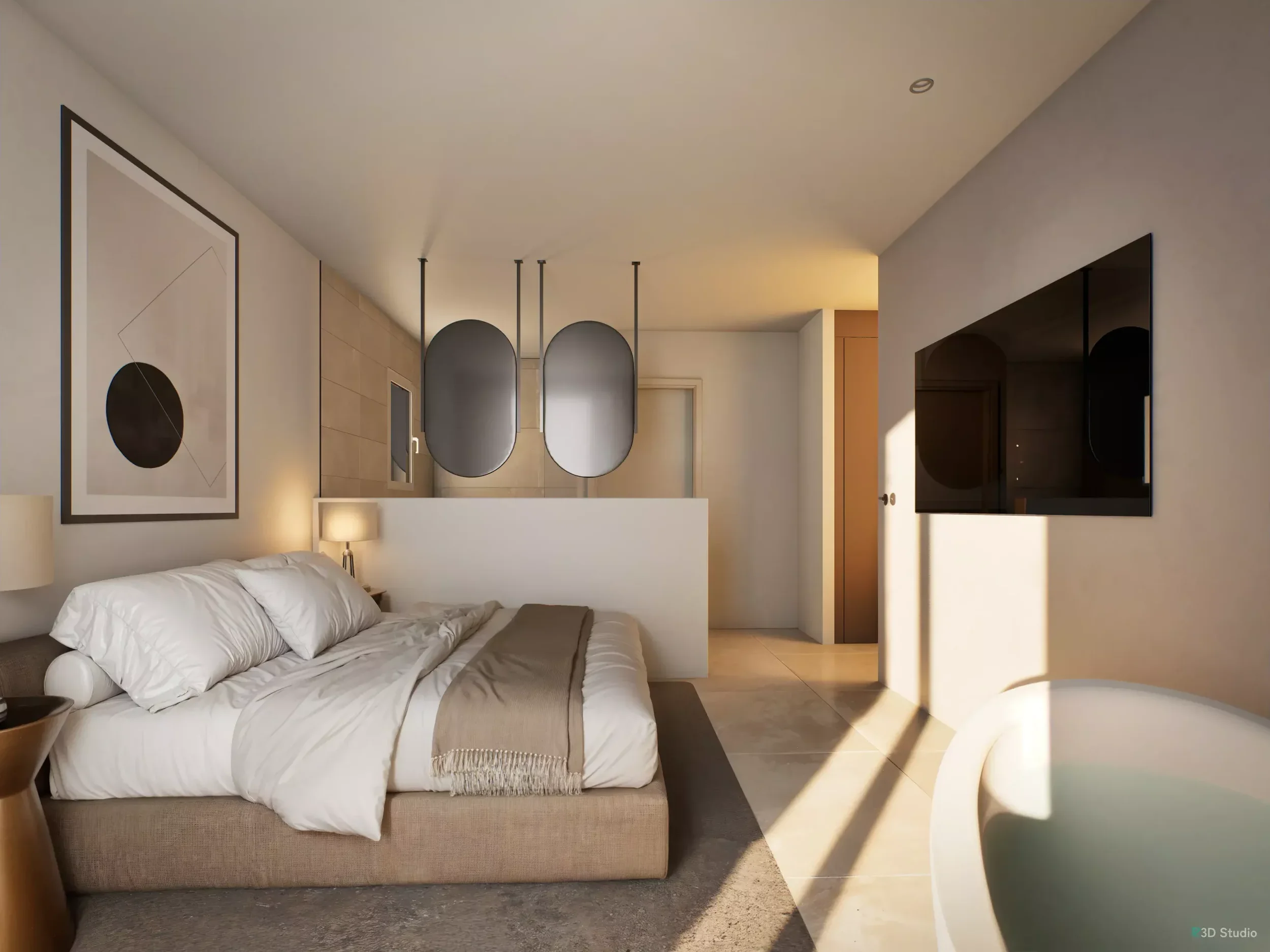 Chambre avec un lit blanc en face d'une télé accroché au mur, Une baignoire, un tableau et deux miroir suspendus au plafond.