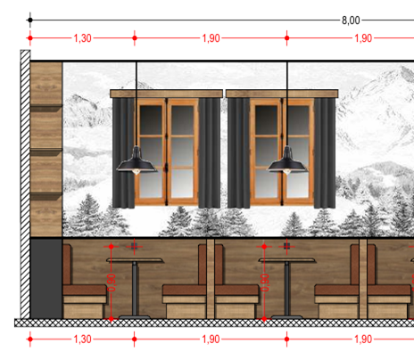 Plan coté en élévation d'un restaurant de montagne avec des banquettes, des tables, des fenêtres, des rideaux, du papier peint et des suspensions.